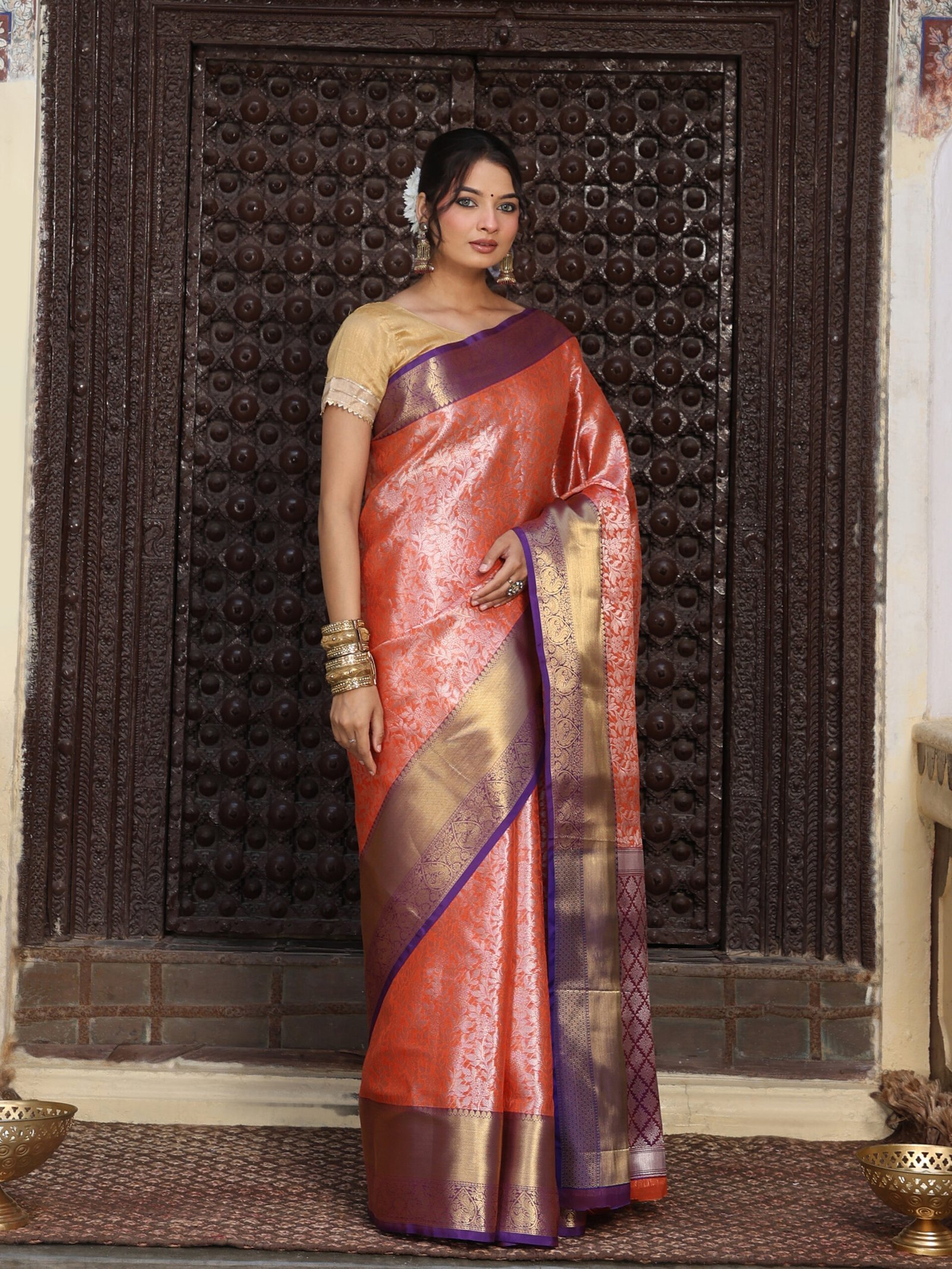 JACQUARD Saree - PEACH - Image 7