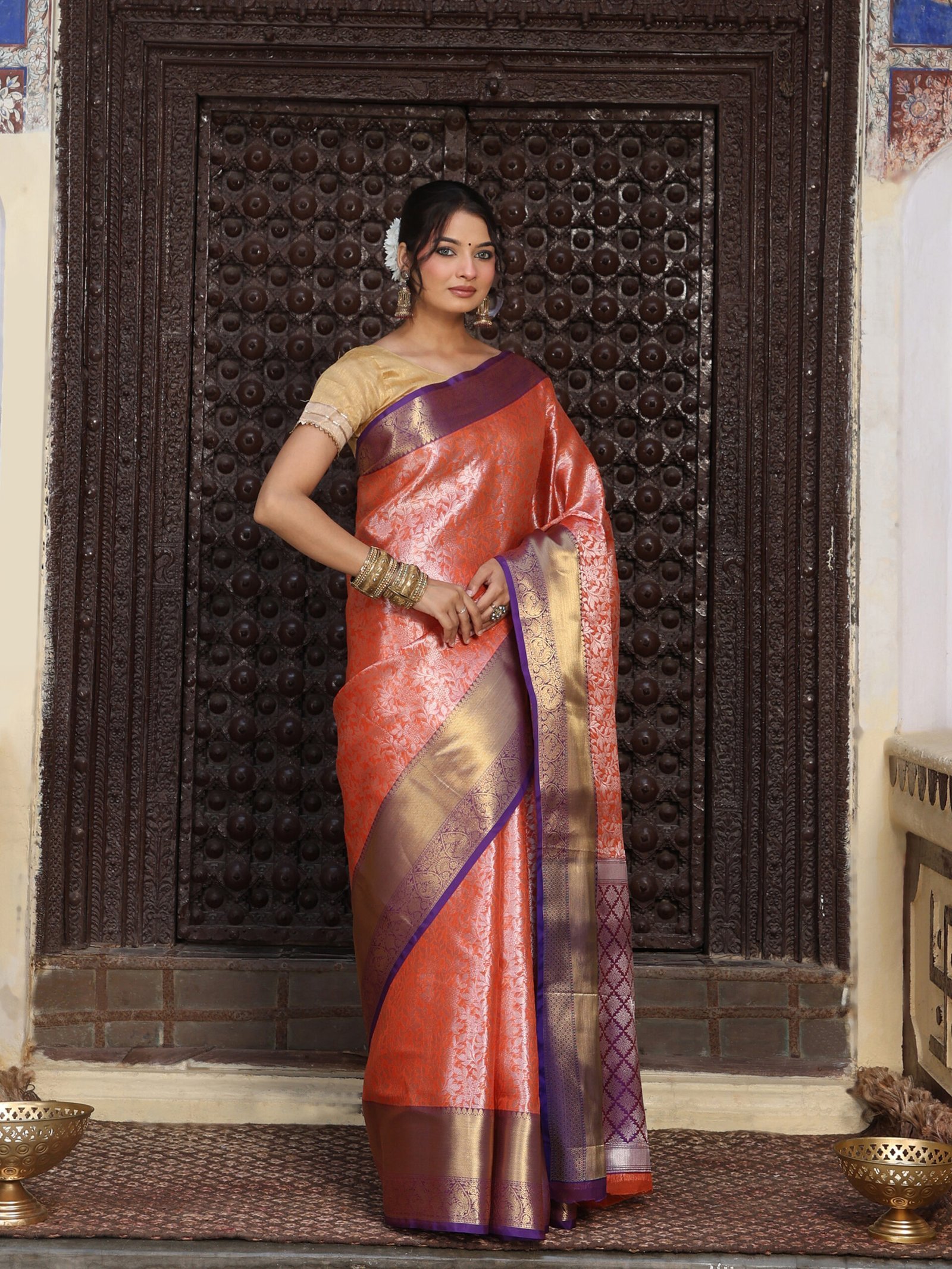 JACQUARD Saree - PEACH - Image 6