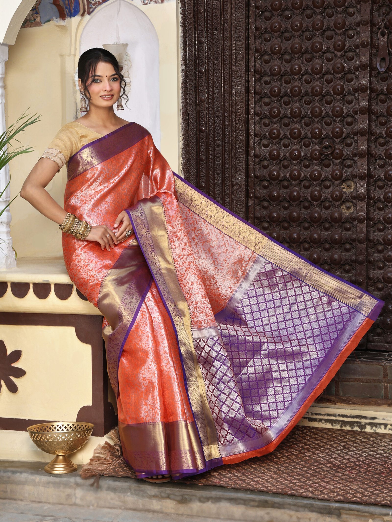 JACQUARD Saree - PEACH - Image 5