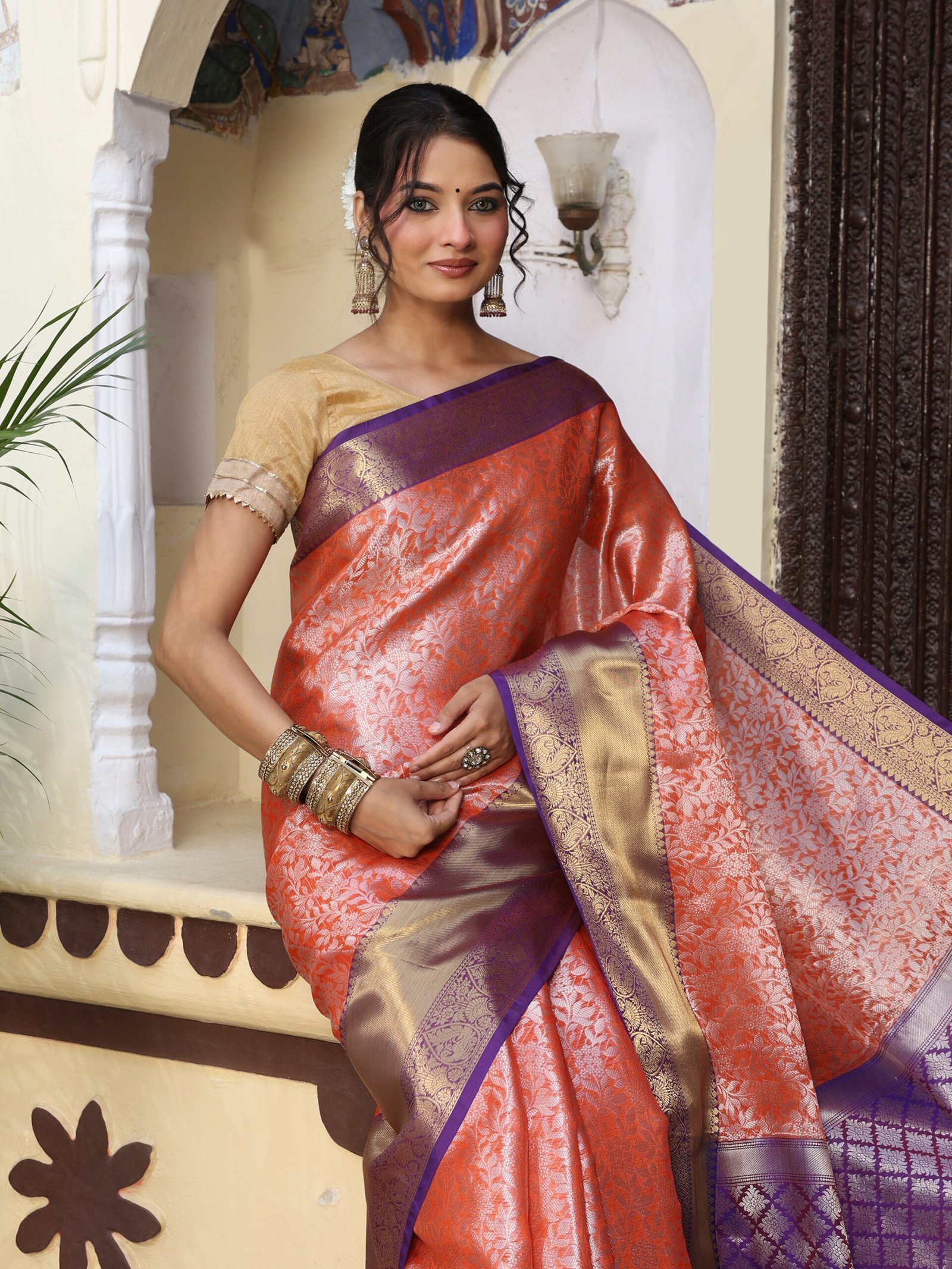 JACQUARD Saree - PEACH - Image 4