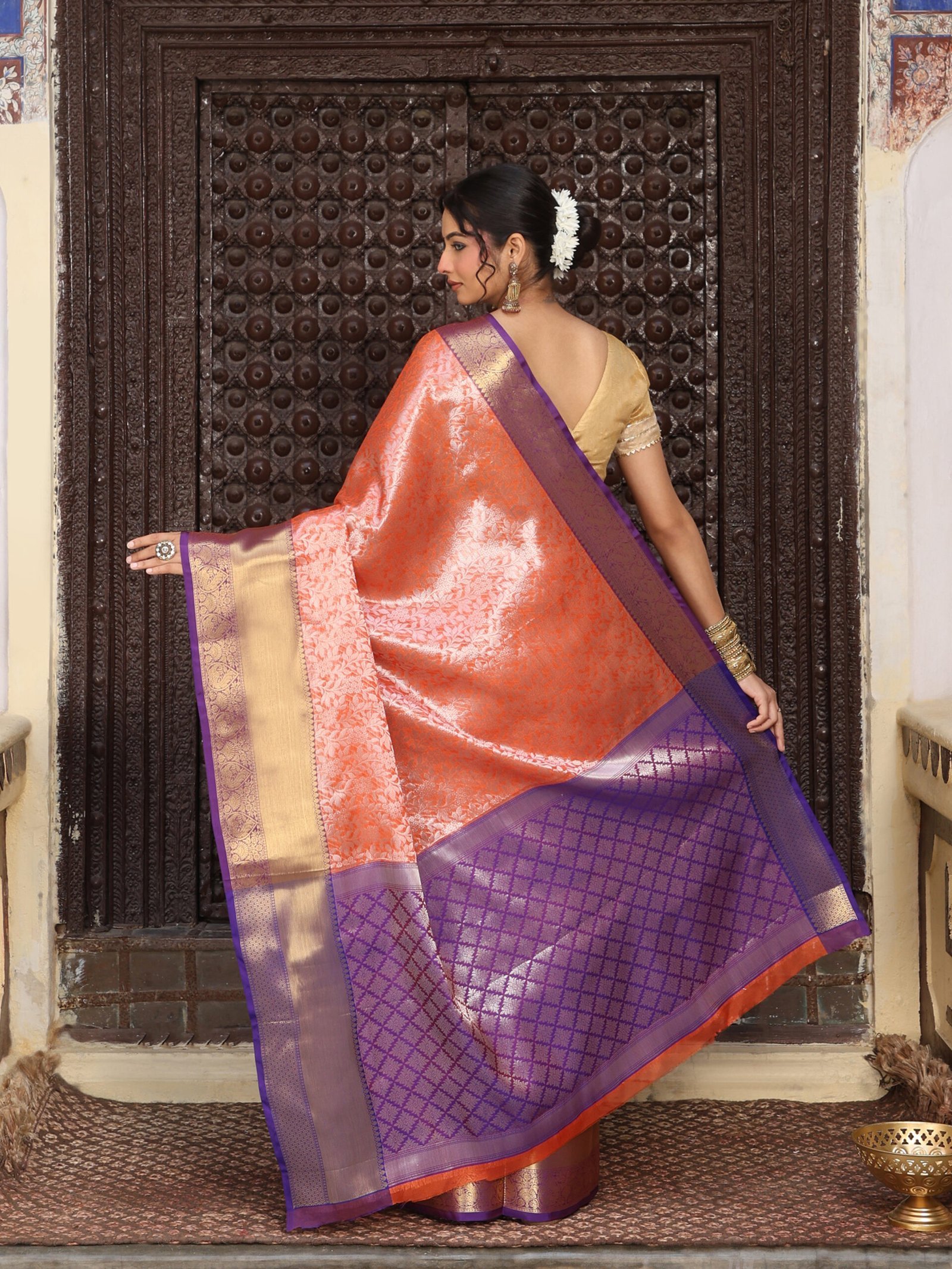 JACQUARD Saree - PEACH - Image 3