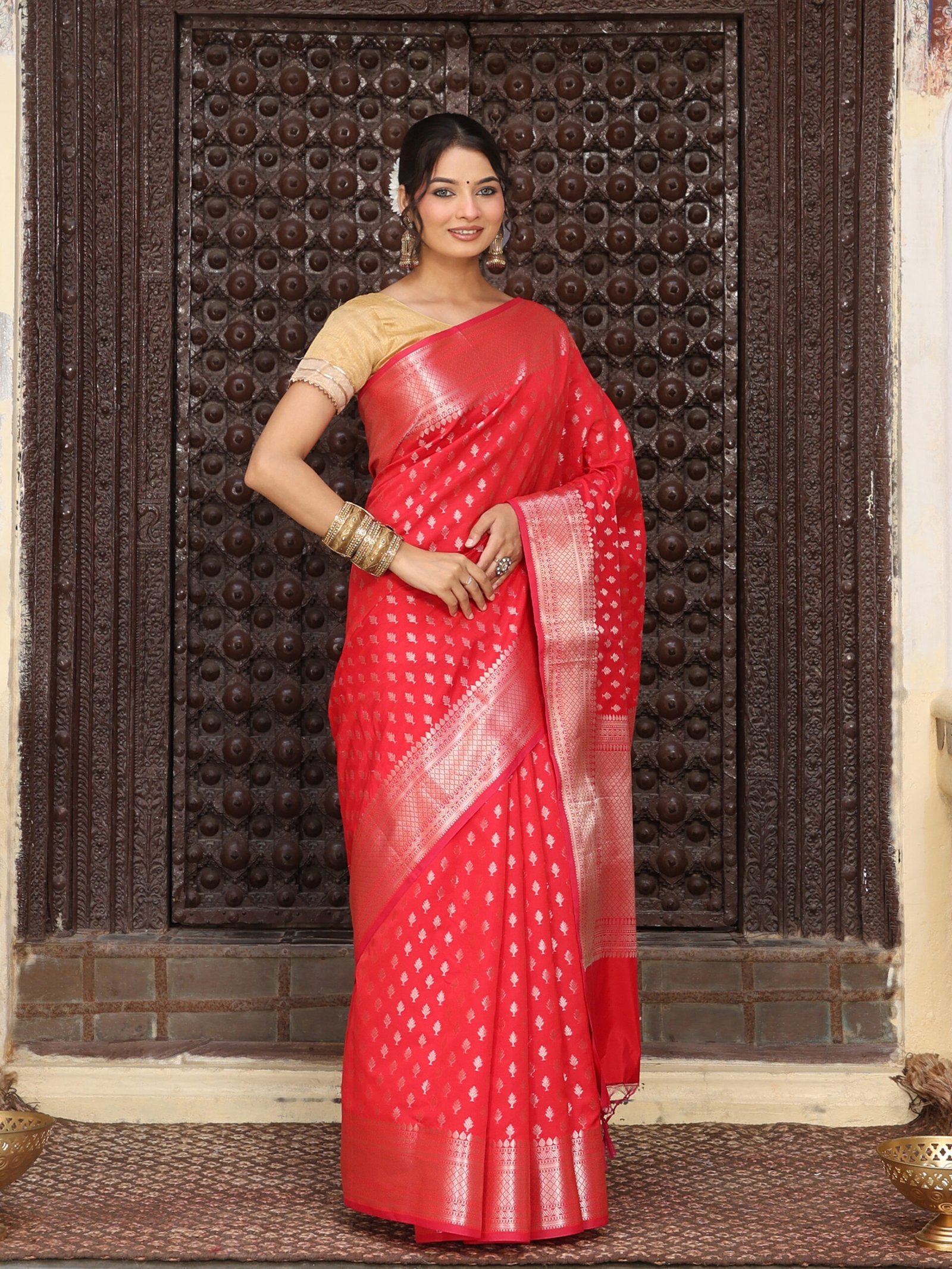 JACQUARD Saree - RED - Image 6