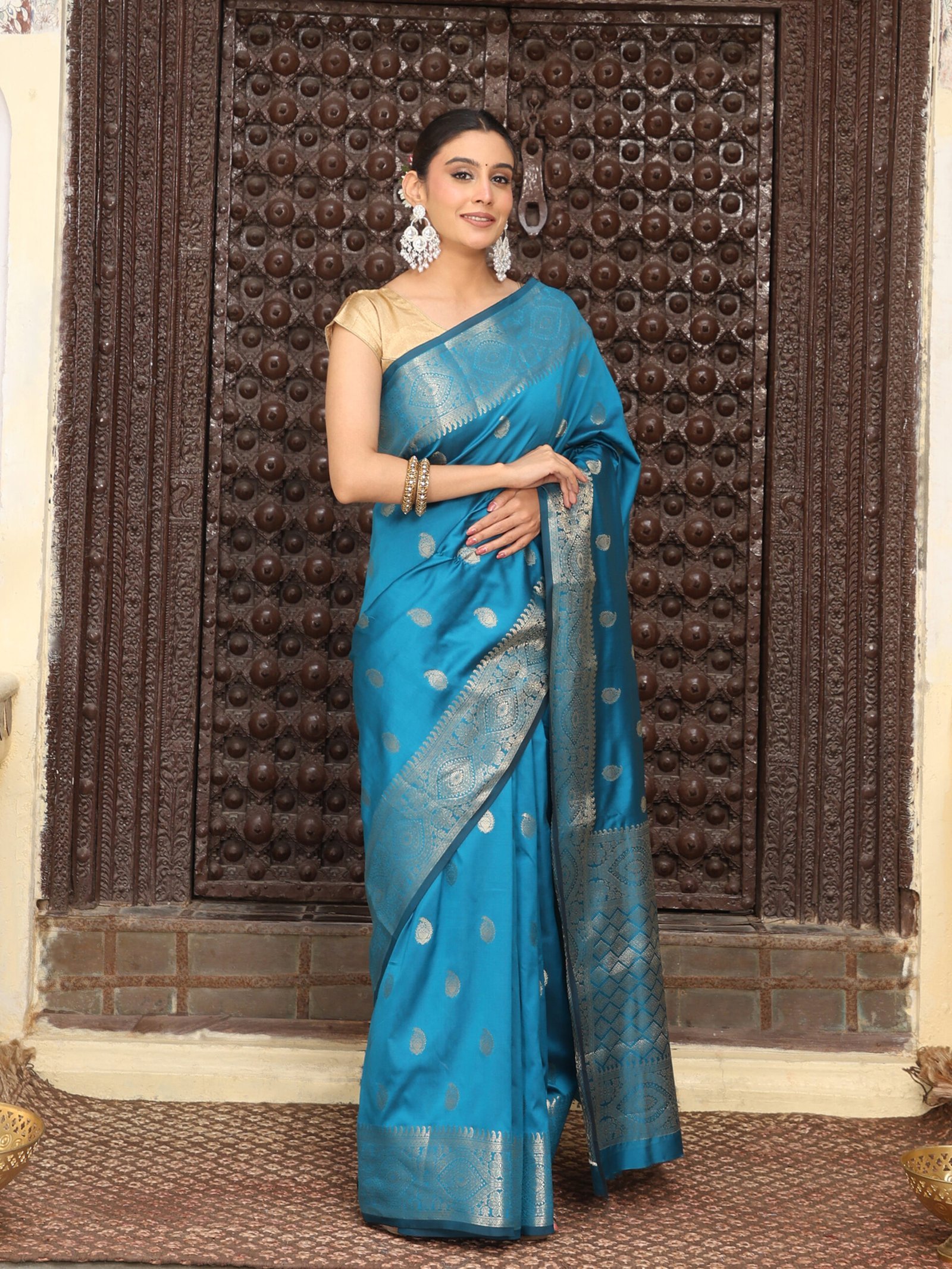 JACQUARD Saree - BLUE - Image 6
