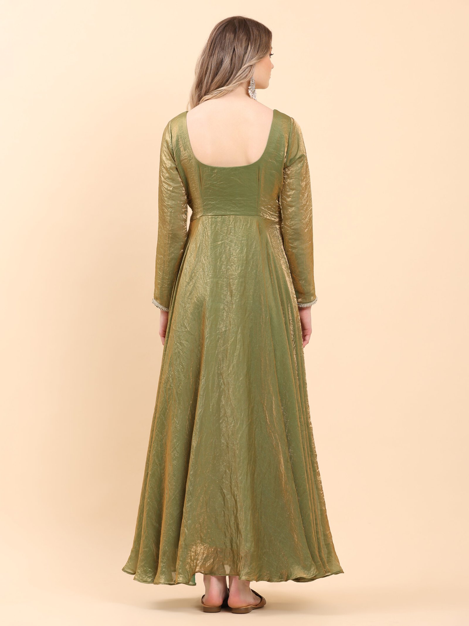 Olive Gold Silk Shine Anarkali Gown - Image 5