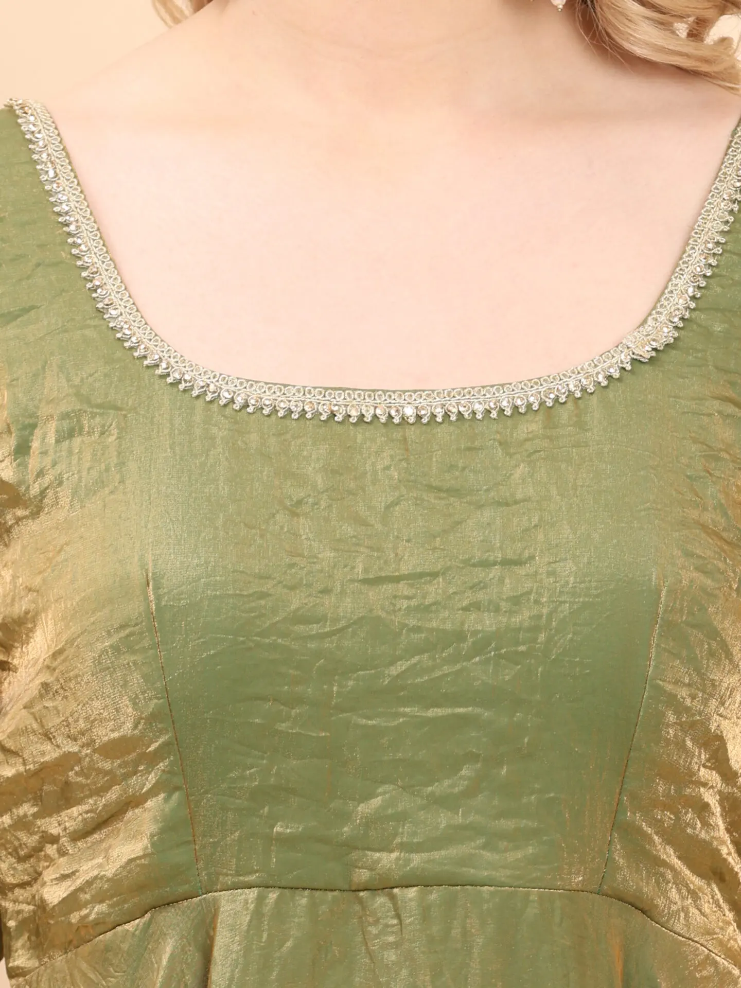 Olive Gold Silk Shine Anarkali Gown - Image 4