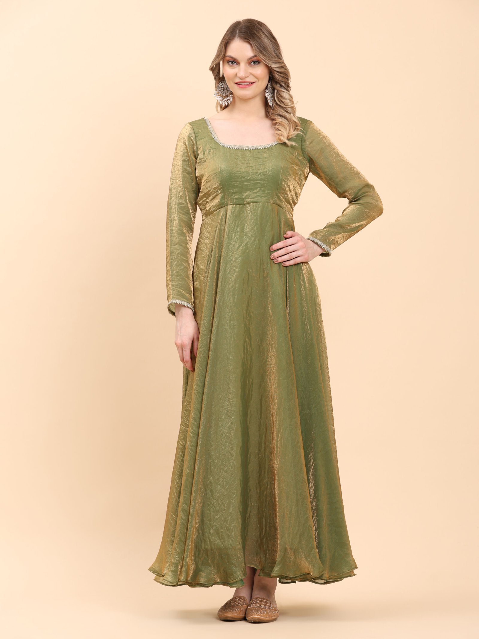 Olive Gold Silk Shine Anarkali Gown - Image 3