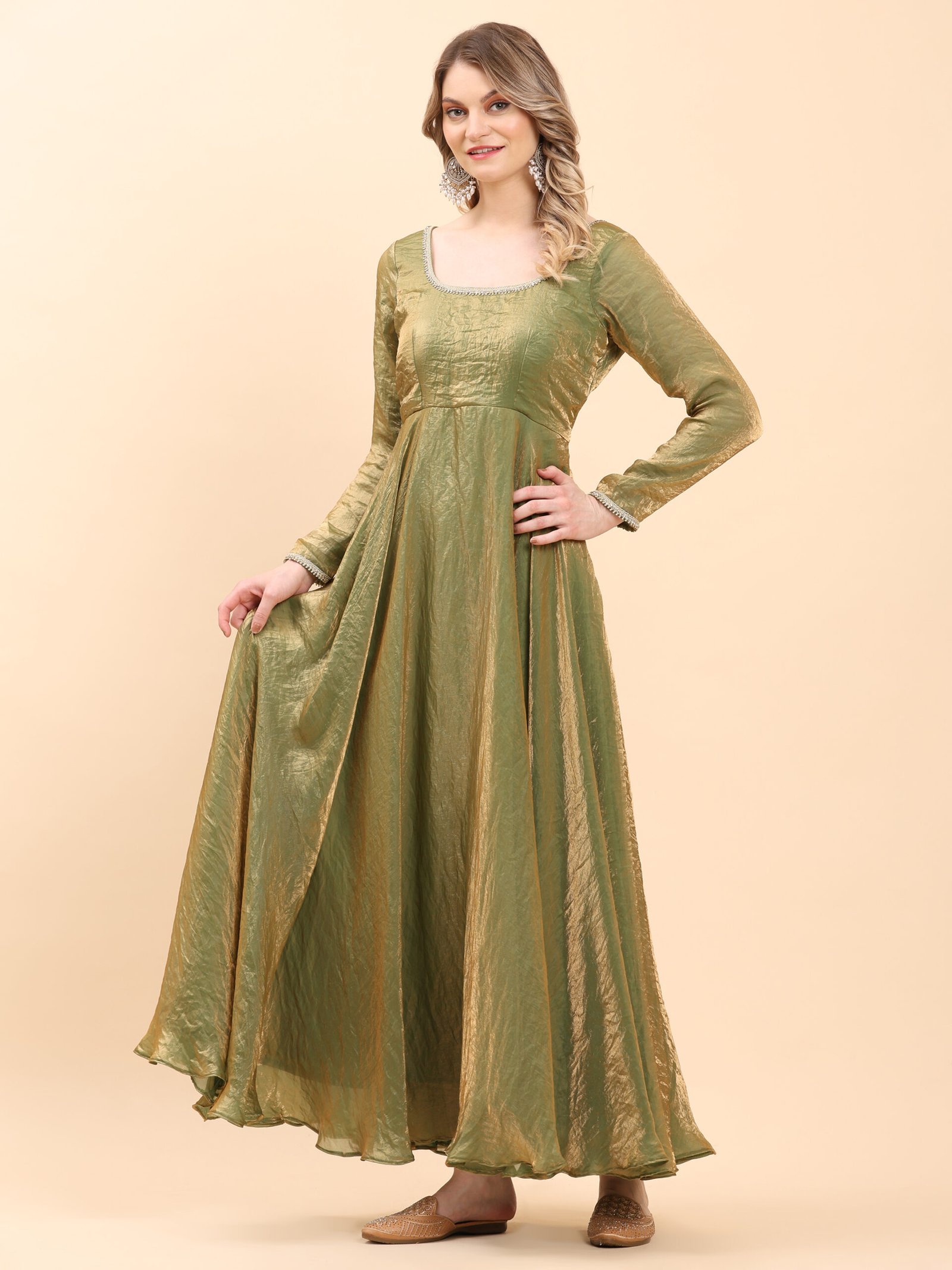 Olive Gold Silk Shine Anarkali Gown - Image 2