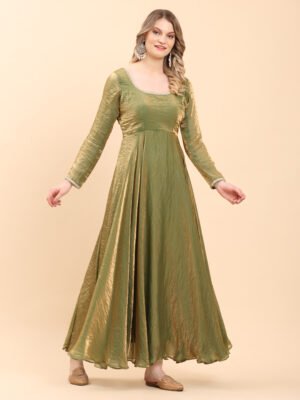 Olive Gold Silk Shine Anarkali Gown