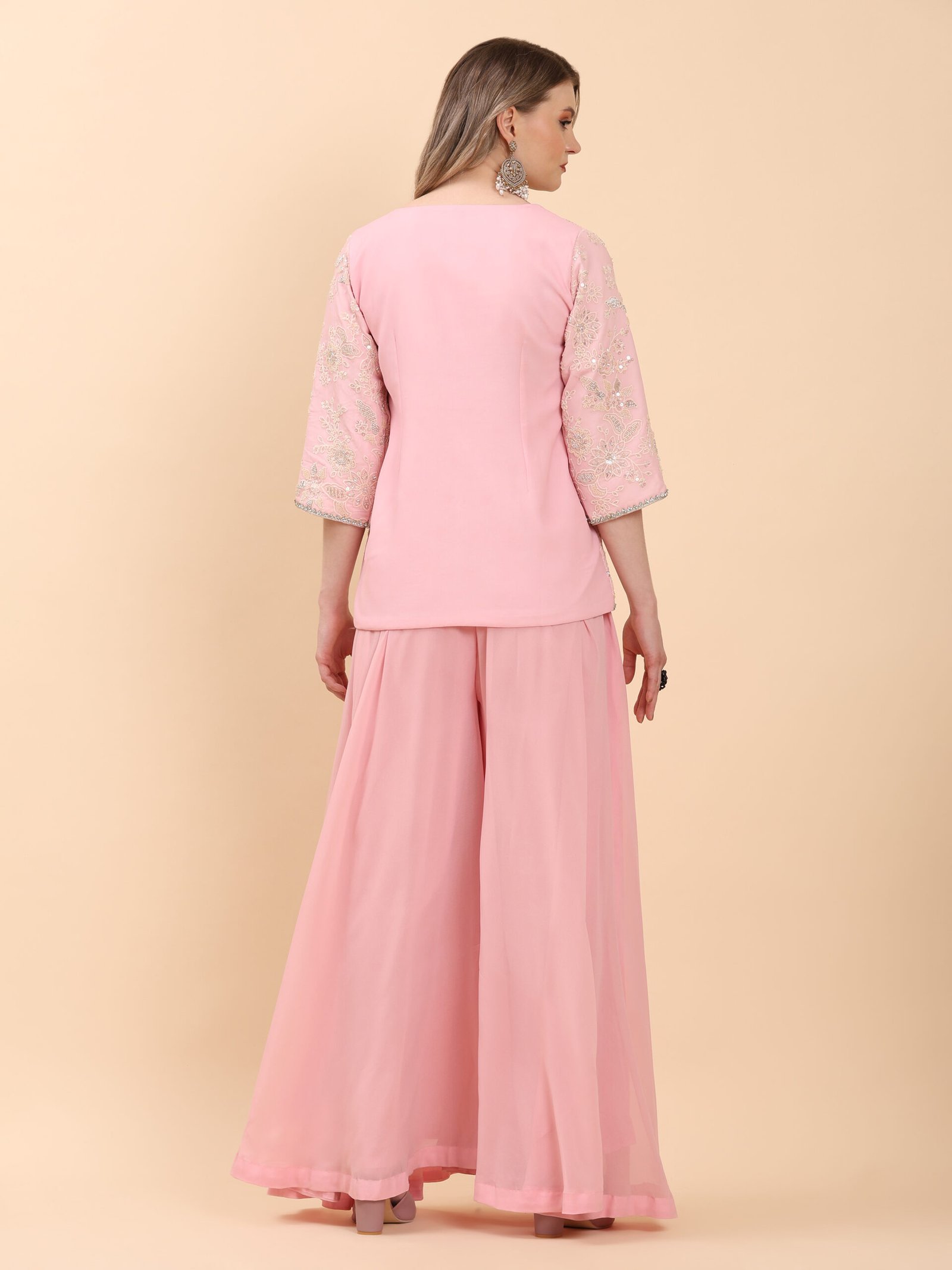 Elegant Pink Embellished Georgette Sharara Suit - Image 6