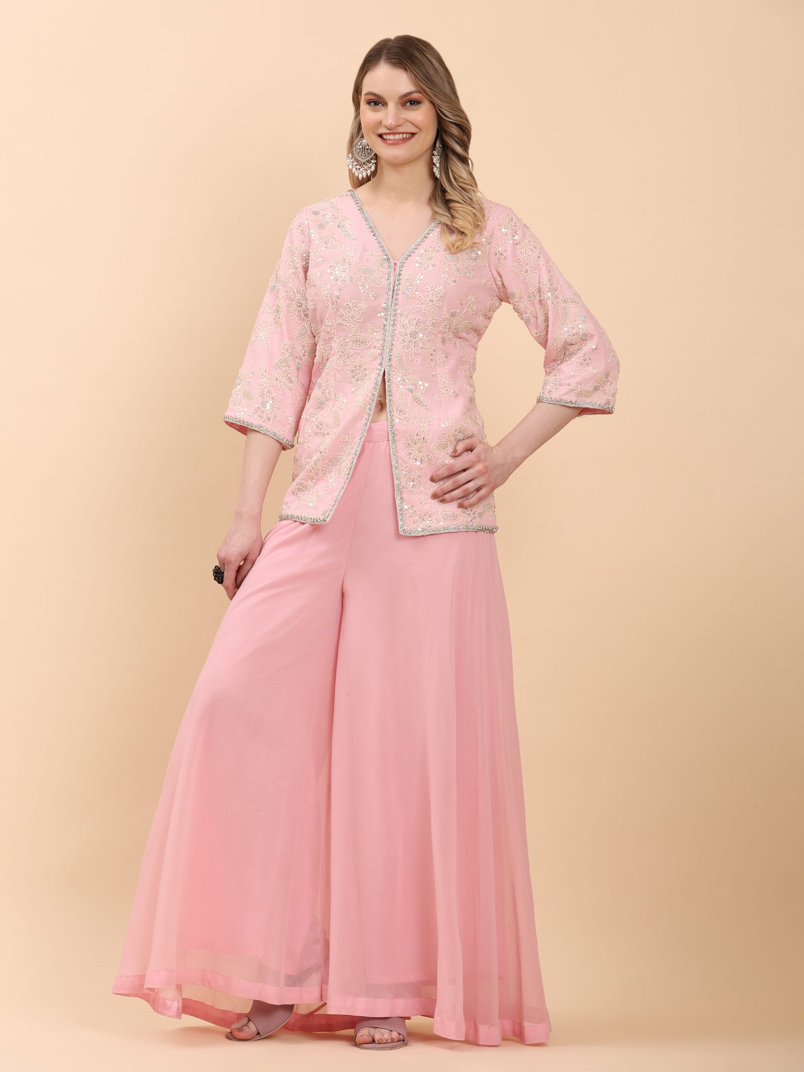 Elegant Pink Embellished Georgette Sharara Suit