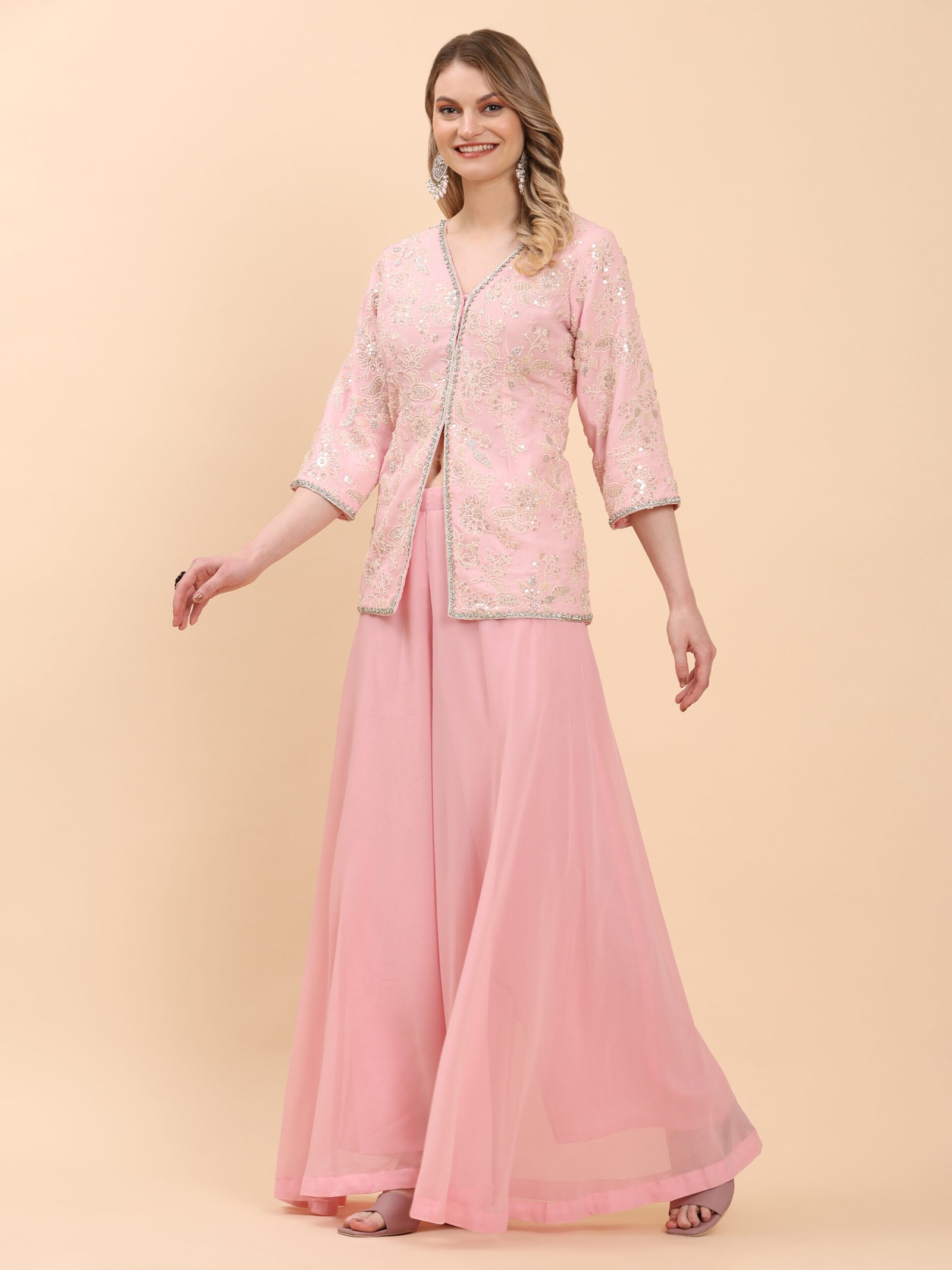 Elegant Pink Embellished Georgette Sharara Suit - Image 2
