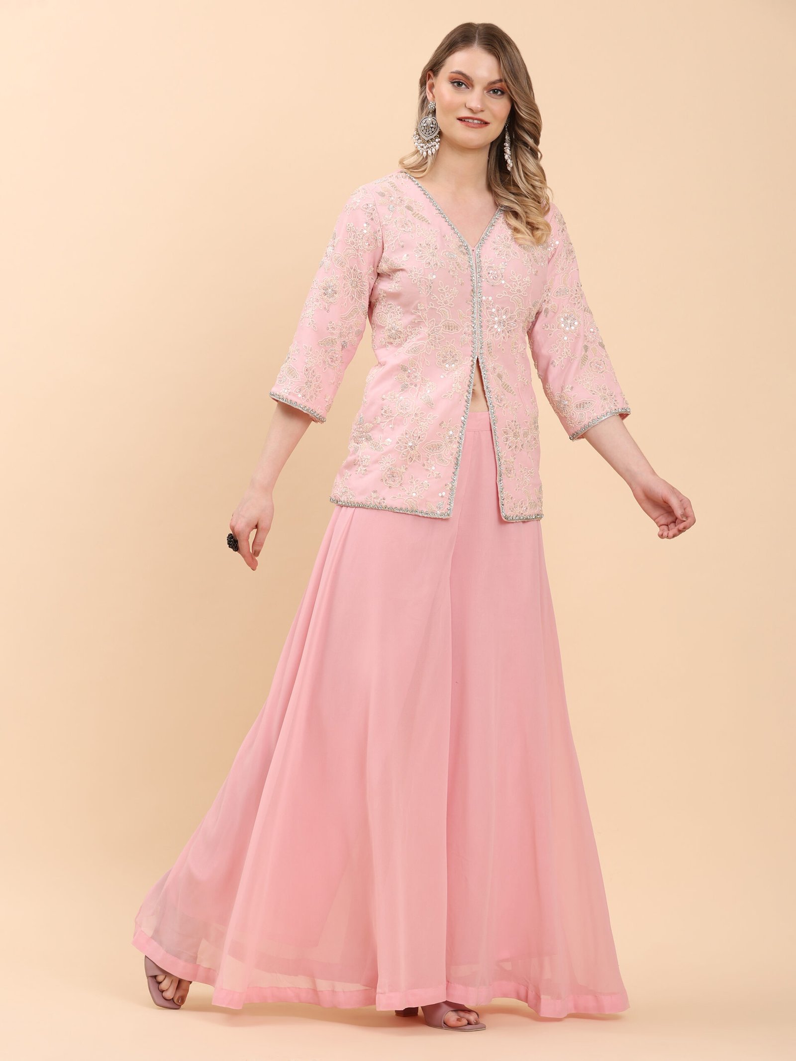 Elegant Pink Embellished Georgette Sharara Suit - Image 3