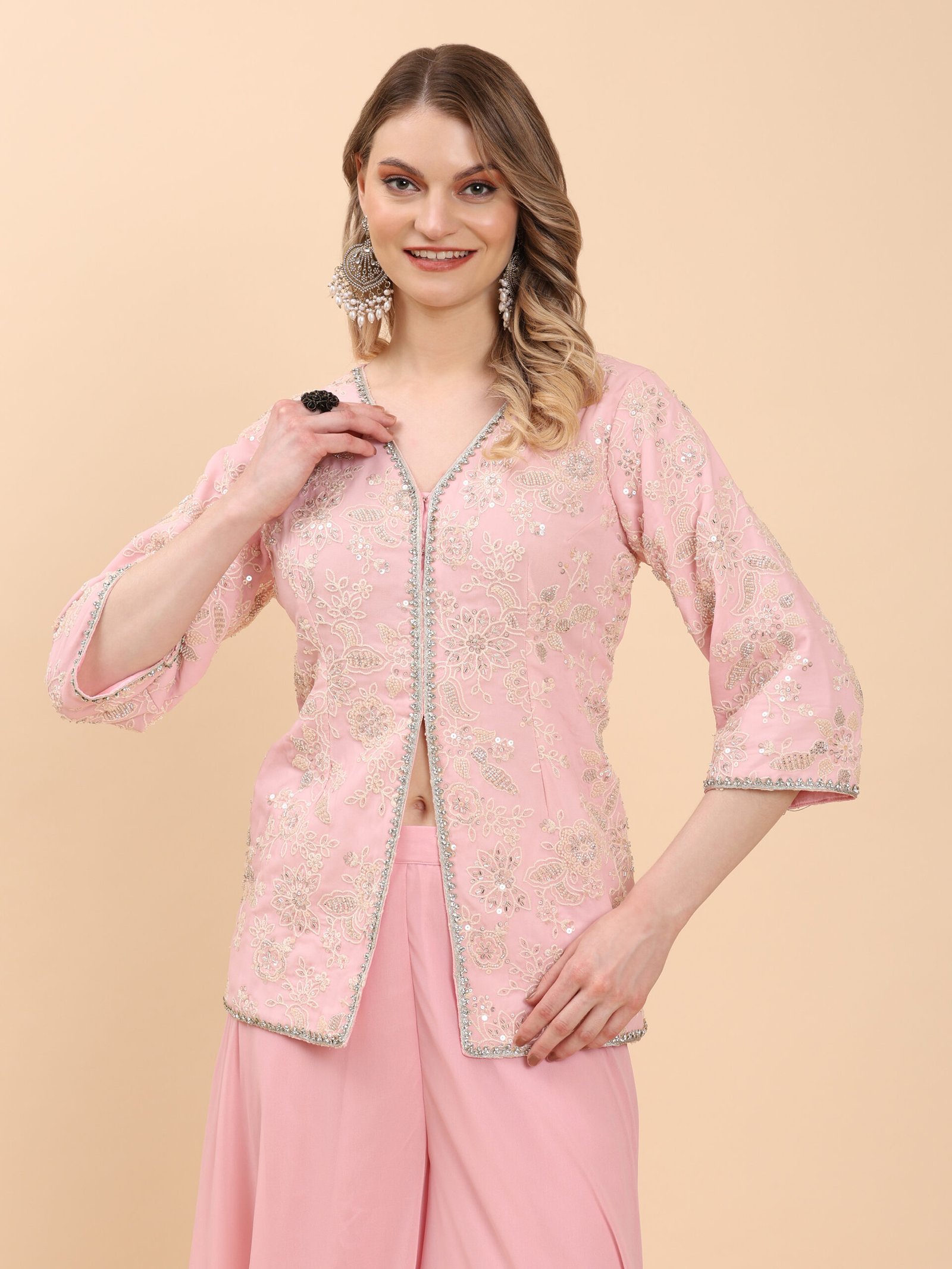 Elegant Pink Embellished Georgette Sharara Suit - Image 4