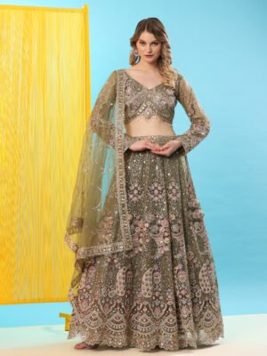 Olive Gleam Embellished Bridal Lehenga