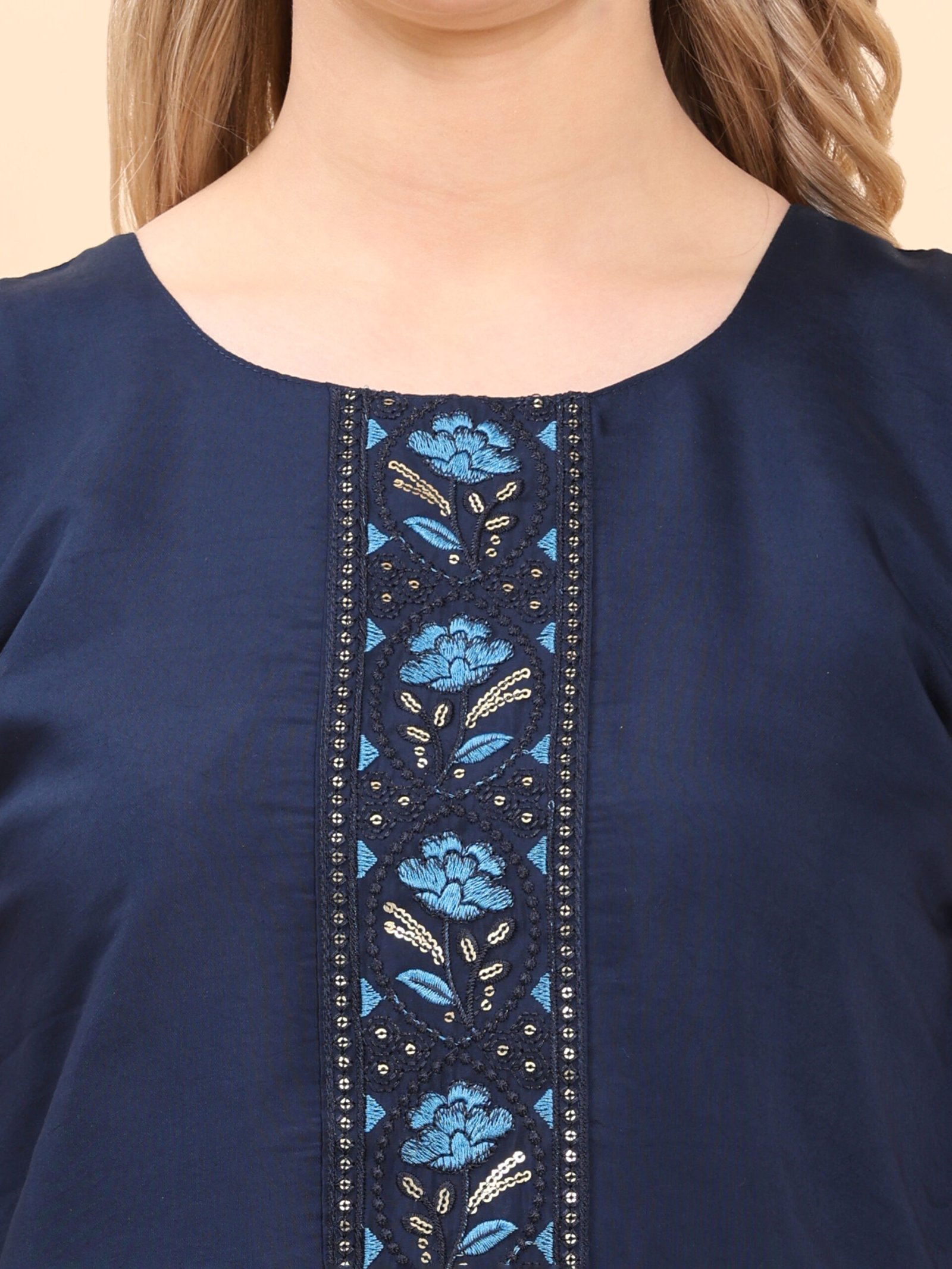 Navy Blue Embroidered Cotton Kurta Set with Dupatta - Image 4