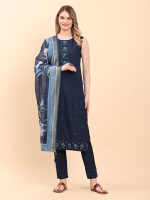 Navy Blue Embroidered Cotton Kurta Set with Dupatta