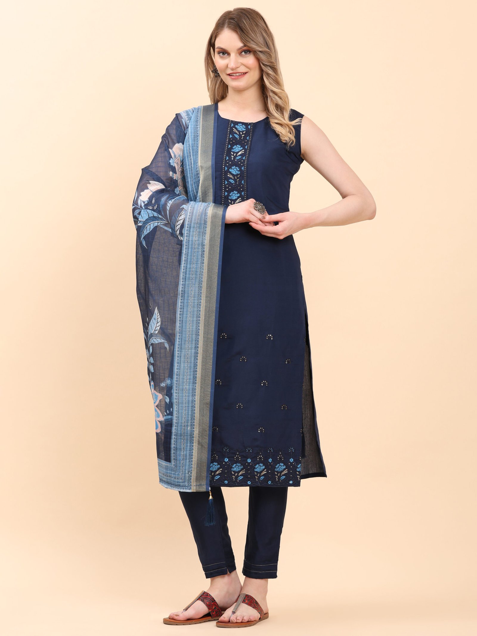 Navy Blue Embroidered Cotton Kurta Set with Dupatta - Image 6