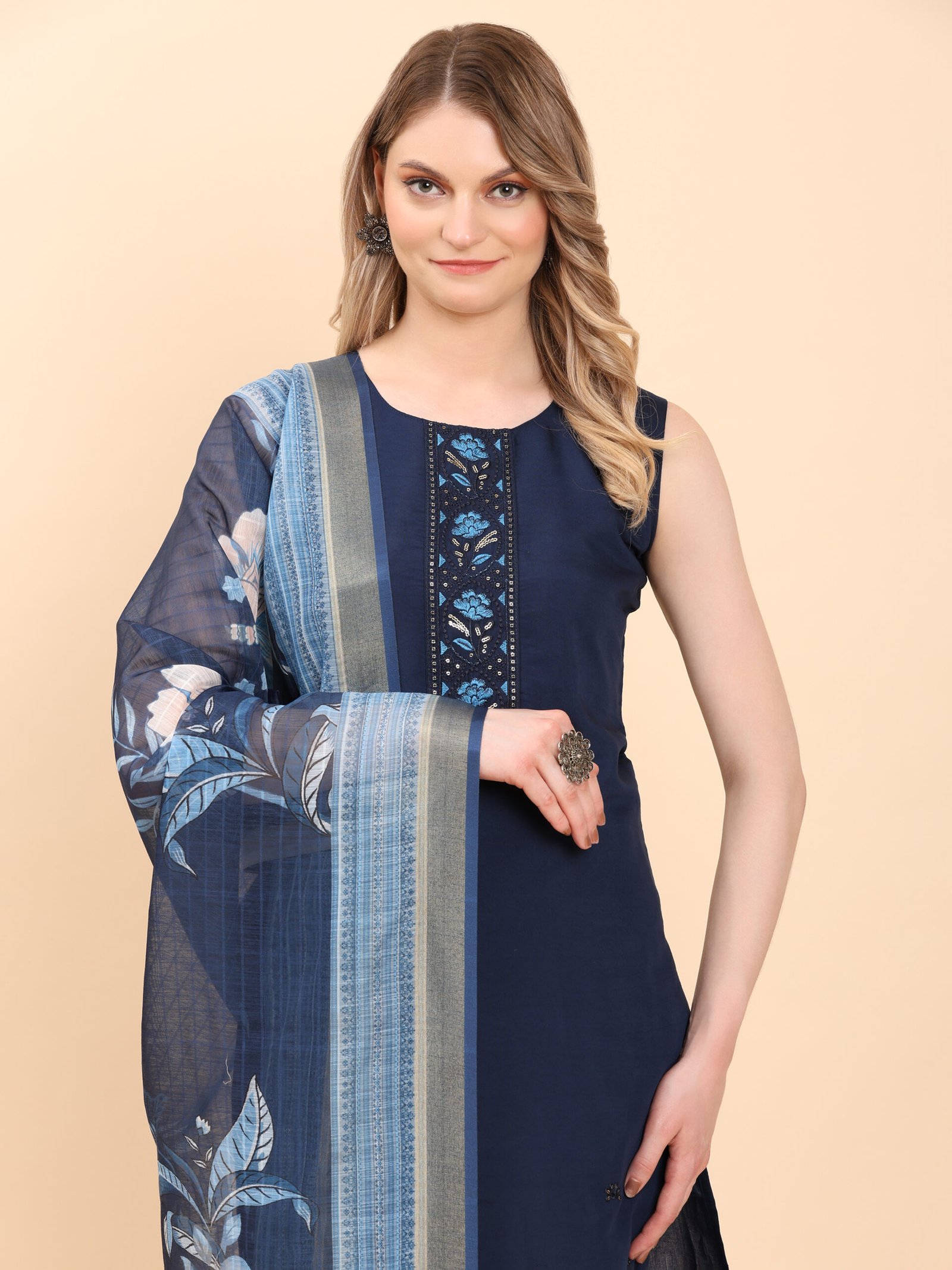 Navy Blue Embroidered Cotton Kurta Set with Dupatta - Image 3