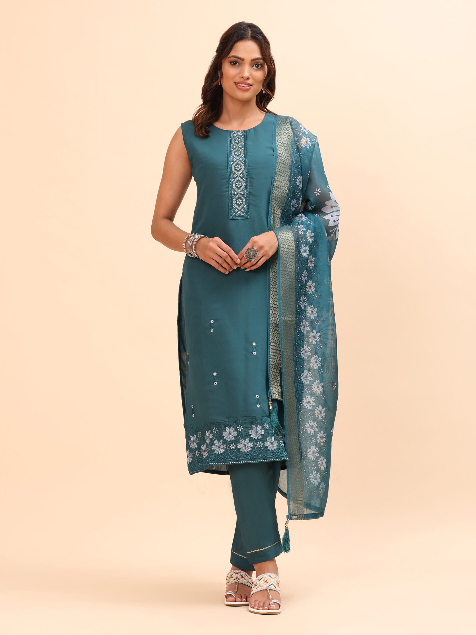 Teal Elegance Embroidered Kurta with Organza Dupatta
