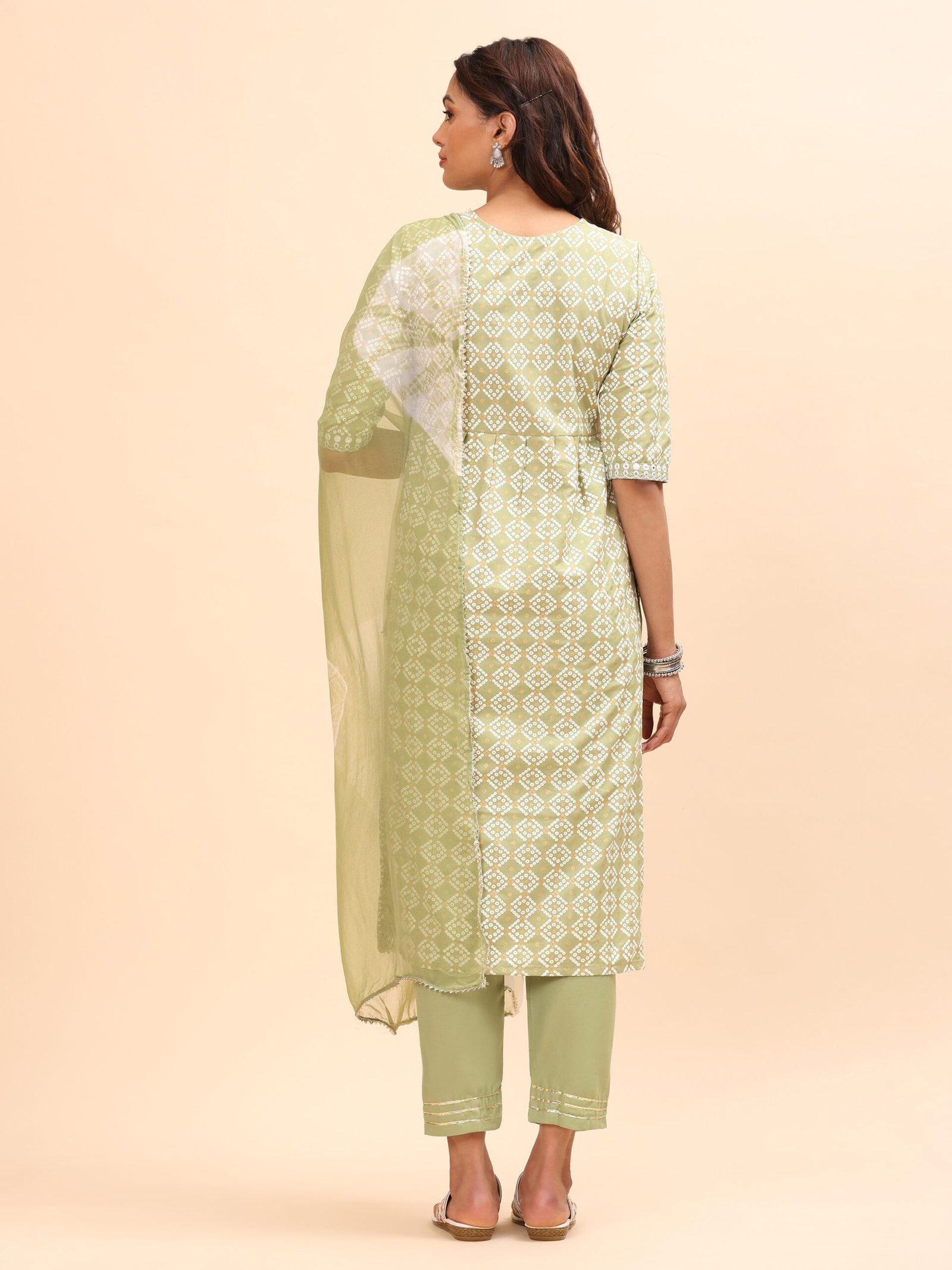 Light Green Ethnic Cotton Kurta Pant and Dupatta Set - Image 4