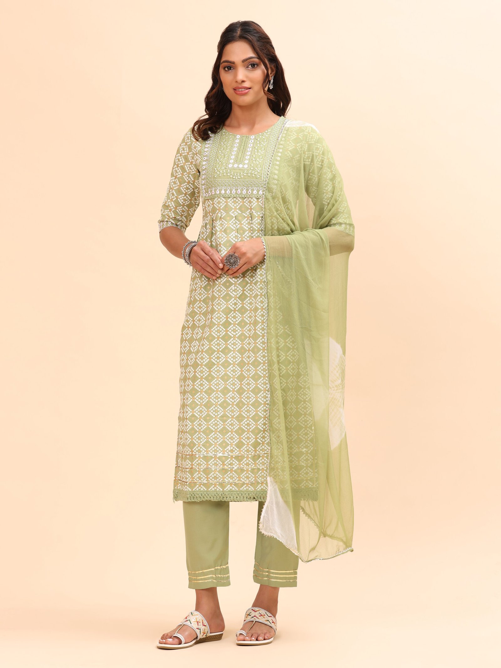 Light Green Ethnic Cotton Kurta Pant and Dupatta Set - Image 2