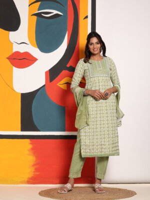 Light Green Ethnic Cotton Kurta Pant and Dupatta Set