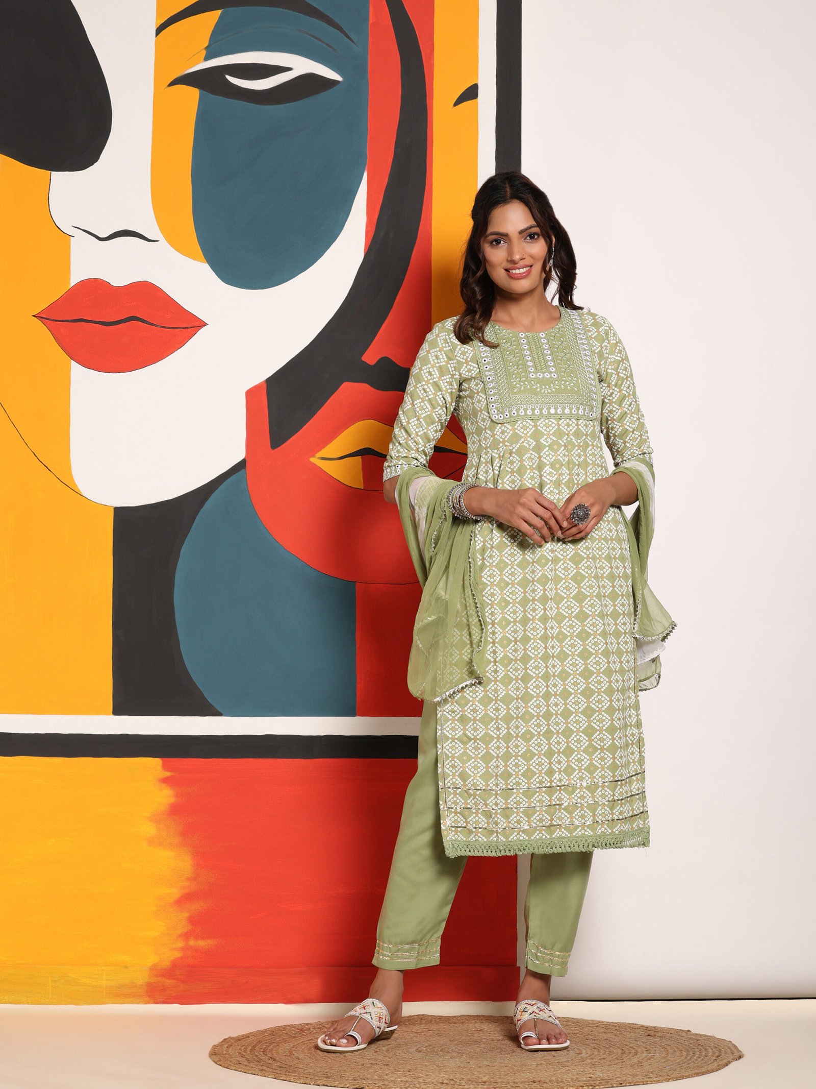 Light Green Ethnic Cotton Kurta Pant and Dupatta Set