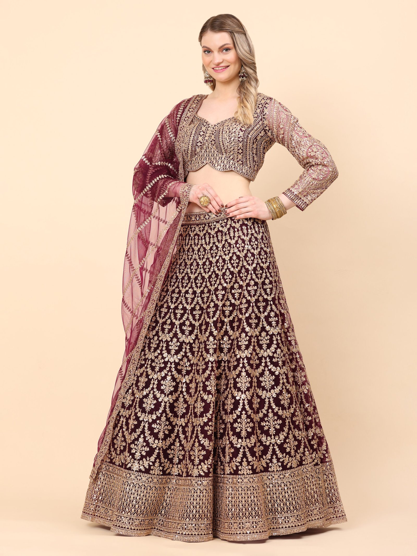Majestic Maroon Zari Embroidered Bridal Lehenga - Image 4