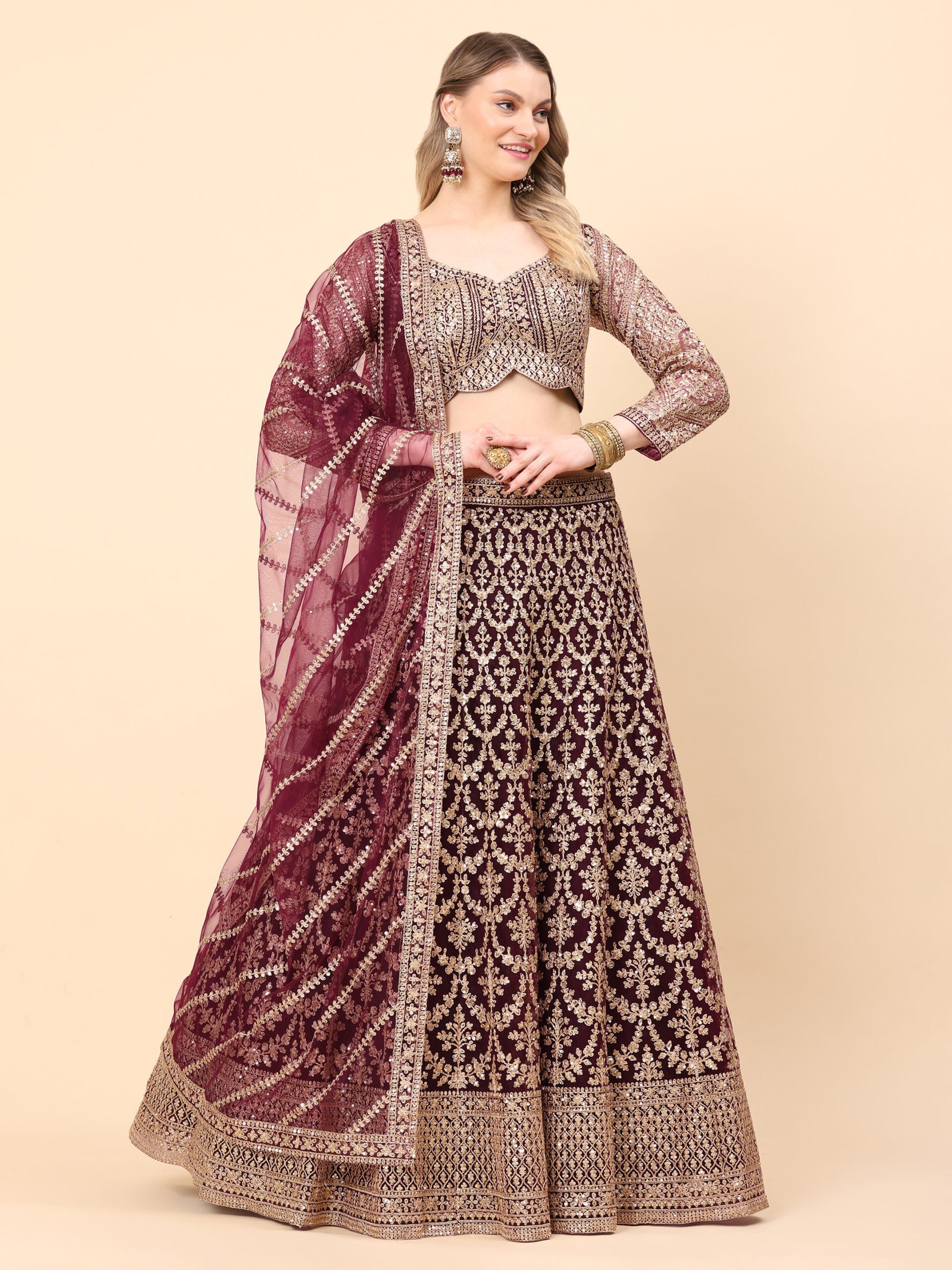 Majestic Maroon Zari Embroidered Bridal Lehenga - Image 5