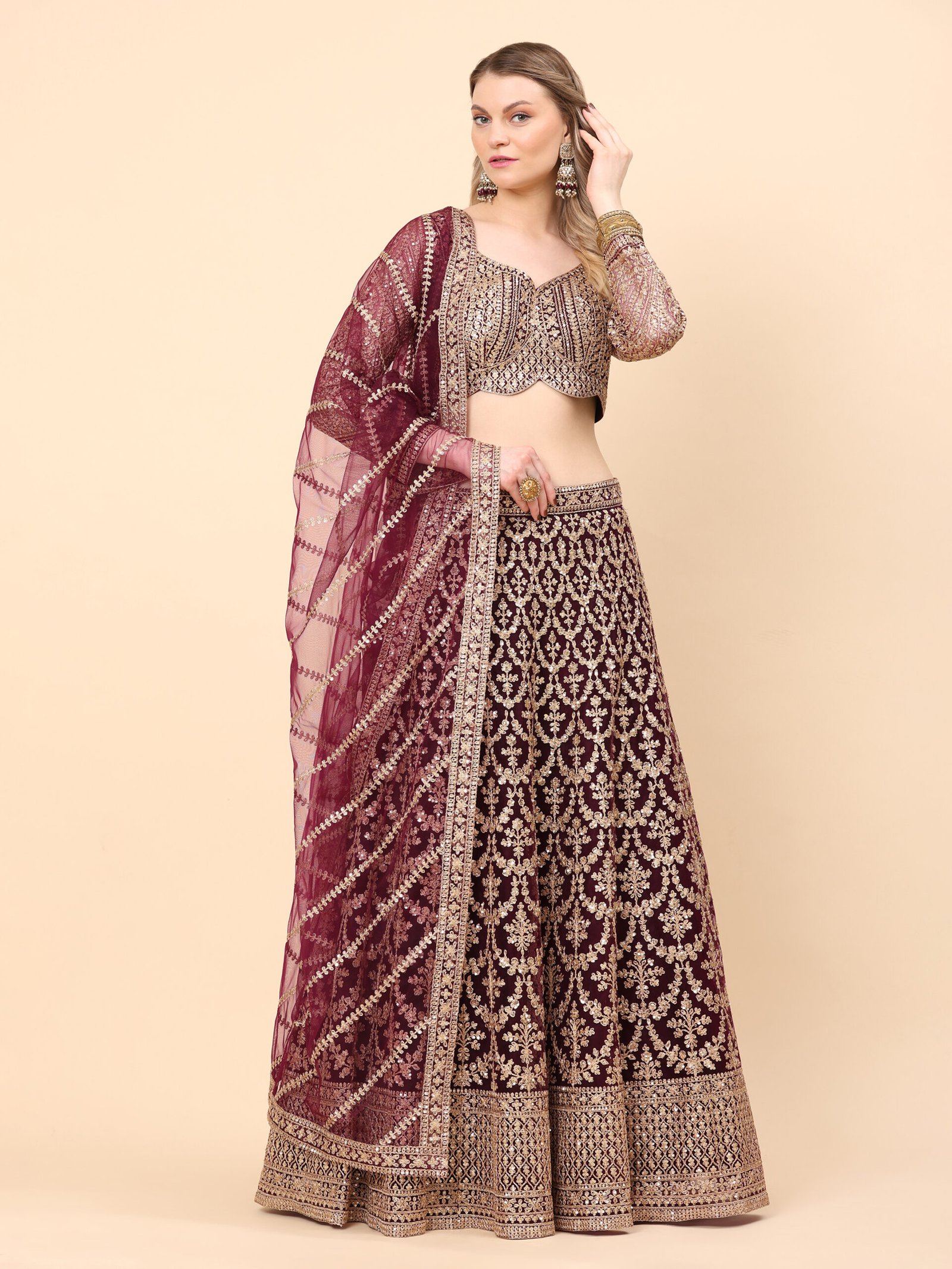 Majestic Maroon Zari Embroidered Bridal Lehenga - Image 6
