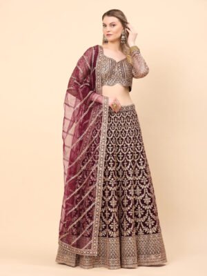 Majestic Maroon Zari Embroidered Bridal Lehenga