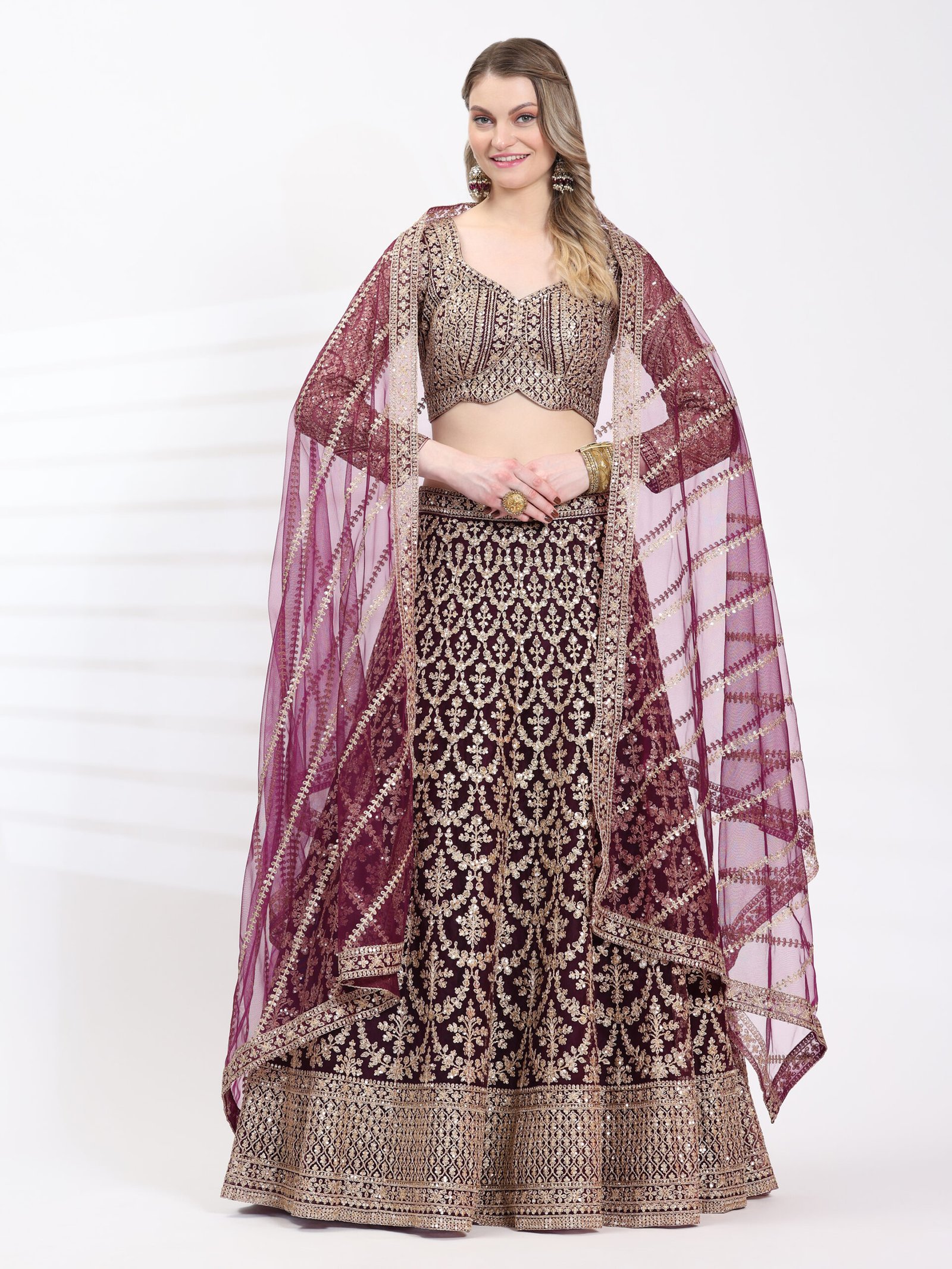 Majestic Maroon Zari Embroidered Bridal Lehenga - Image 2