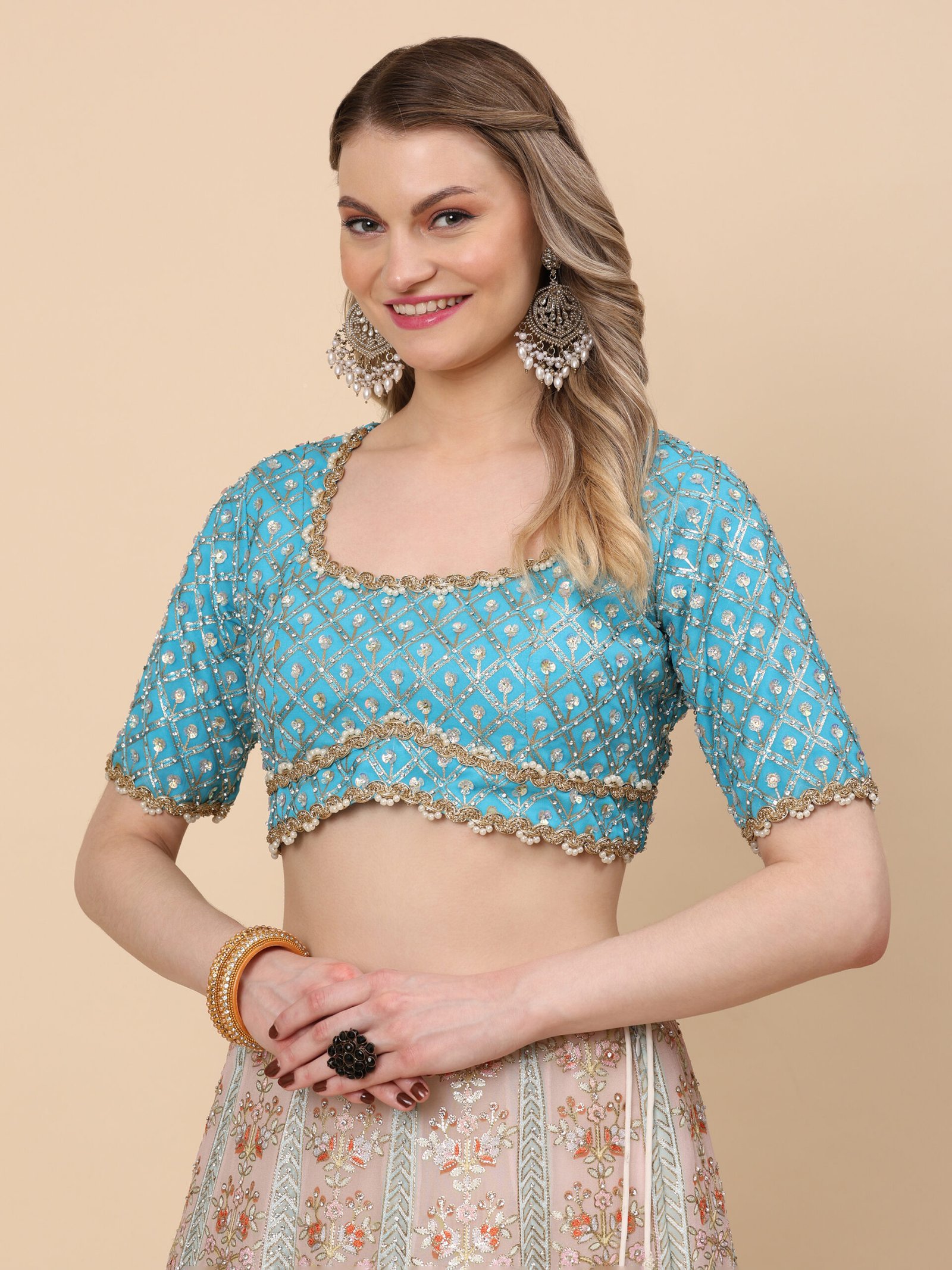 Aqua Bloom Pastel Embroidered Bridal Lehenga - Image 7