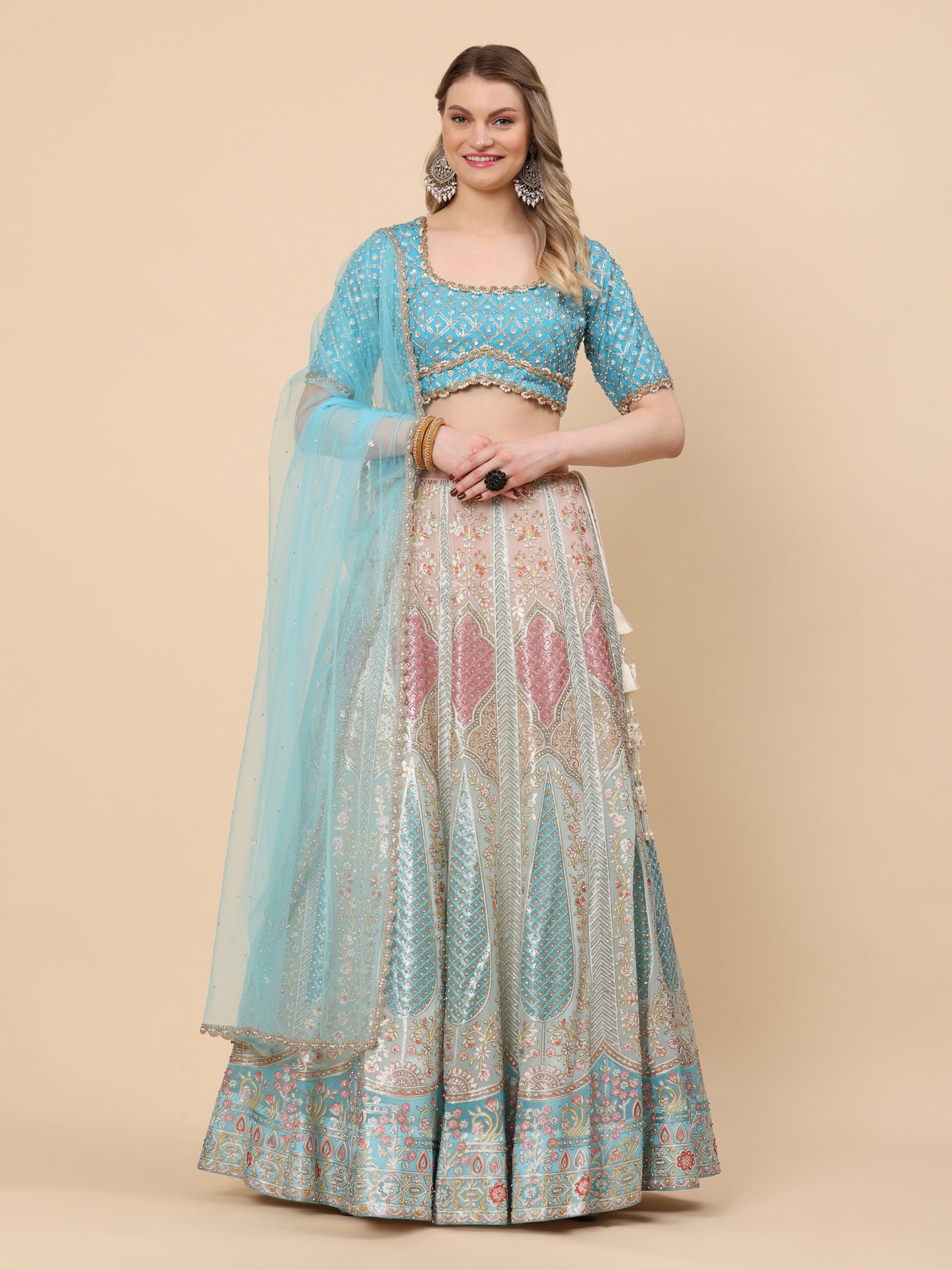 Aqua Bloom Pastel Embroidered Bridal Lehenga - Image 4