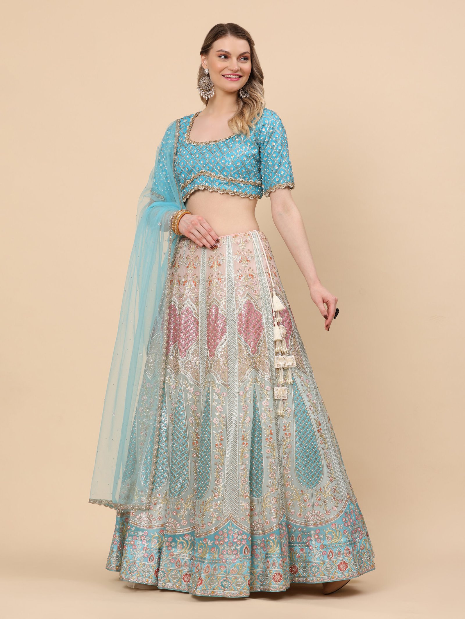 Aqua Bloom Pastel Embroidered Bridal Lehenga - Image 6