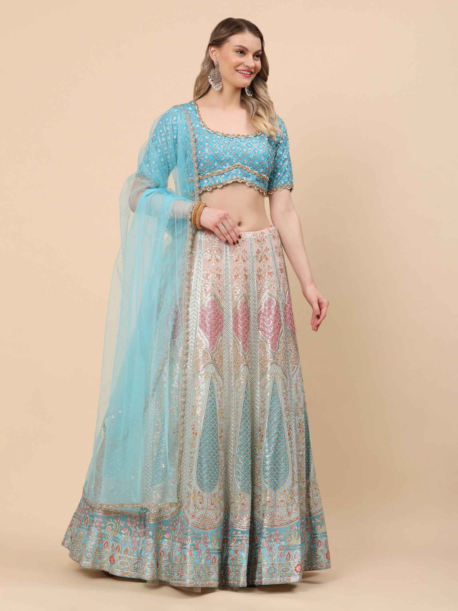Aqua Bloom Pastel Embroidered Bridal Lehenga - Image 5