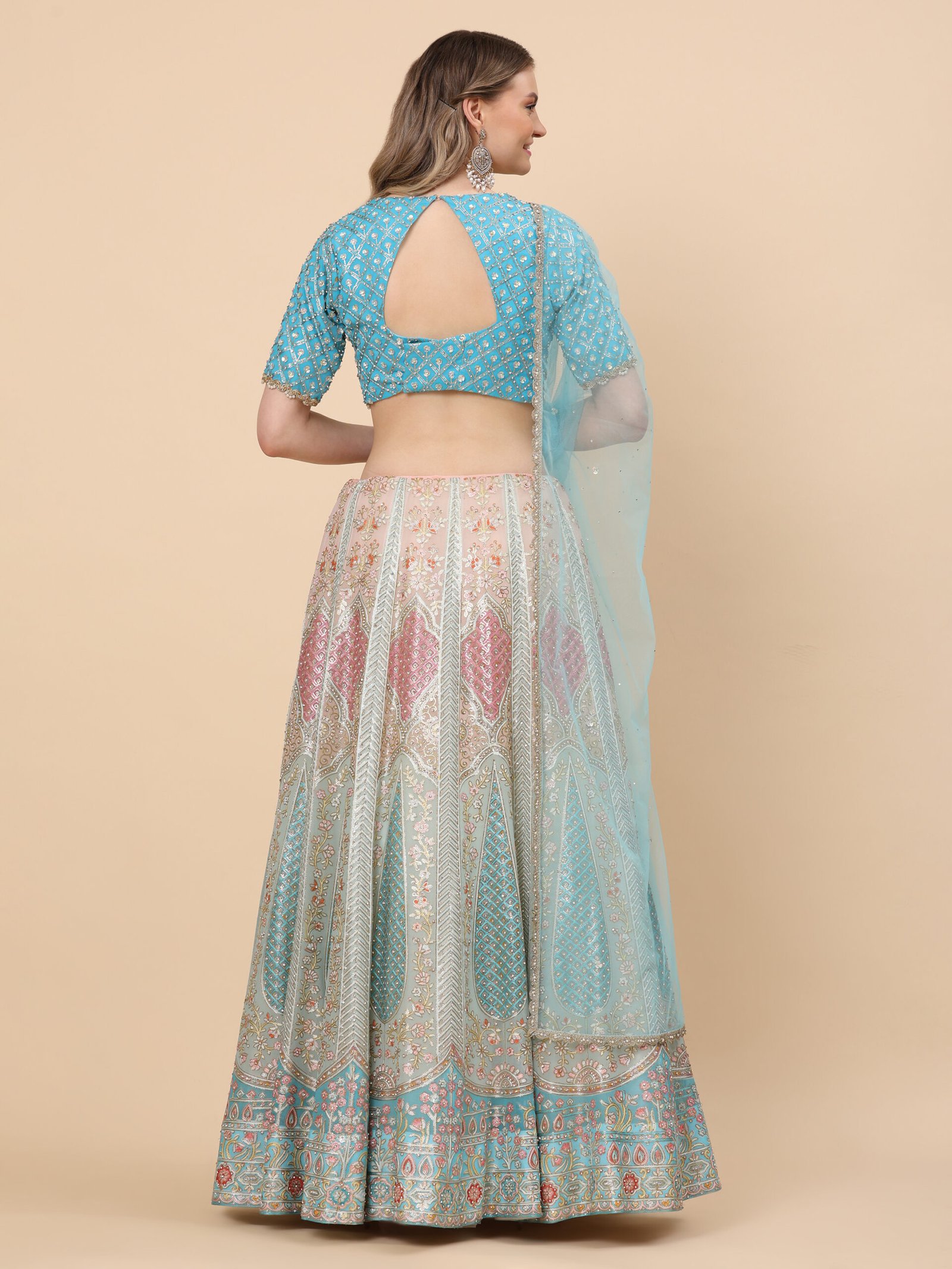 Aqua Bloom Pastel Embroidered Bridal Lehenga - Image 3