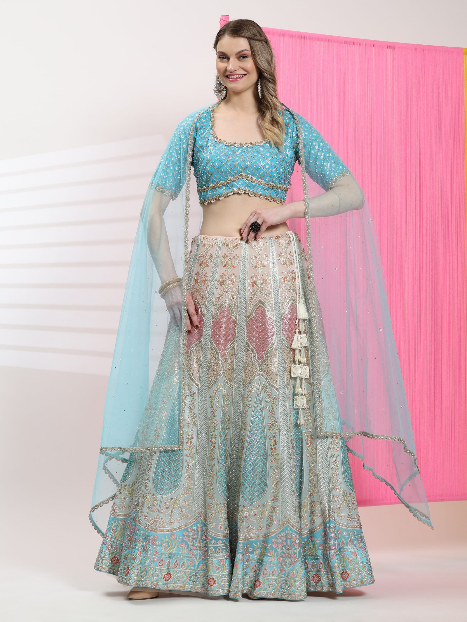 Aqua Bloom Pastel Embroidered Bridal Lehenga