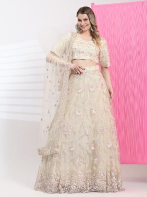Ethereal Blossom Champagne Embroidered Bridal Lehenga