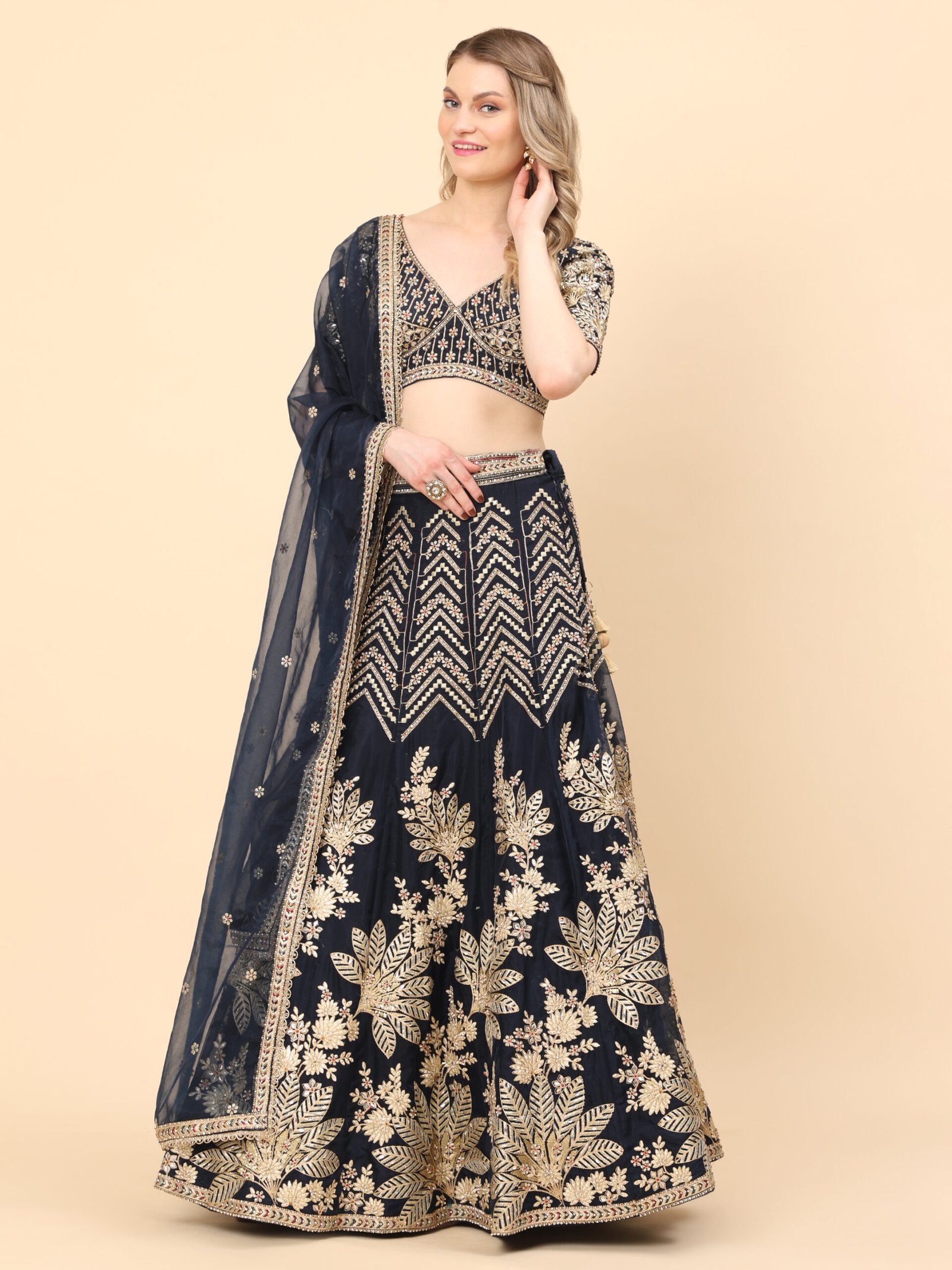 Midnight Majesty Embroidered Bridal Lehenga - Image 5