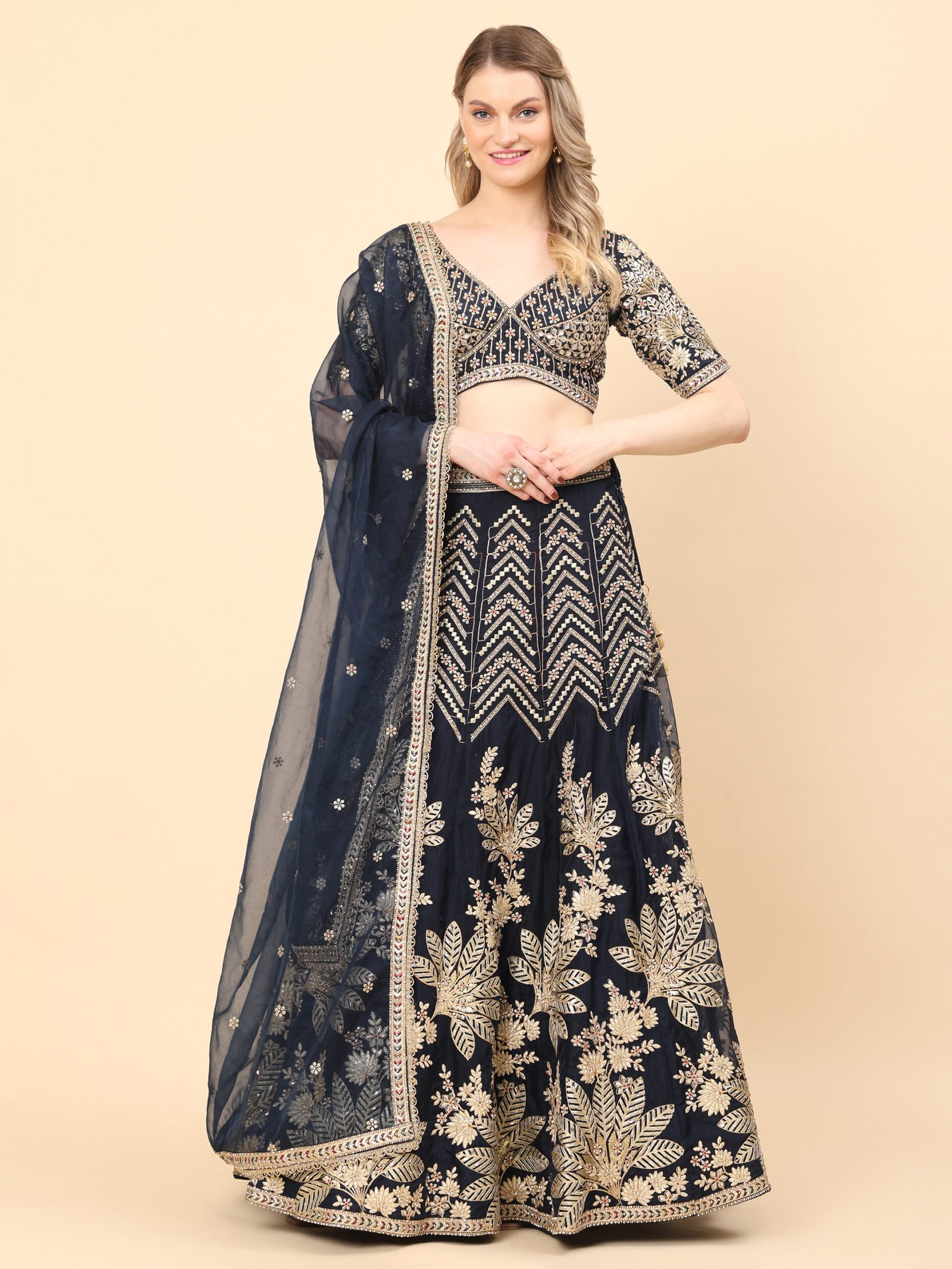 Midnight Majesty Embroidered Bridal Lehenga - Image 4