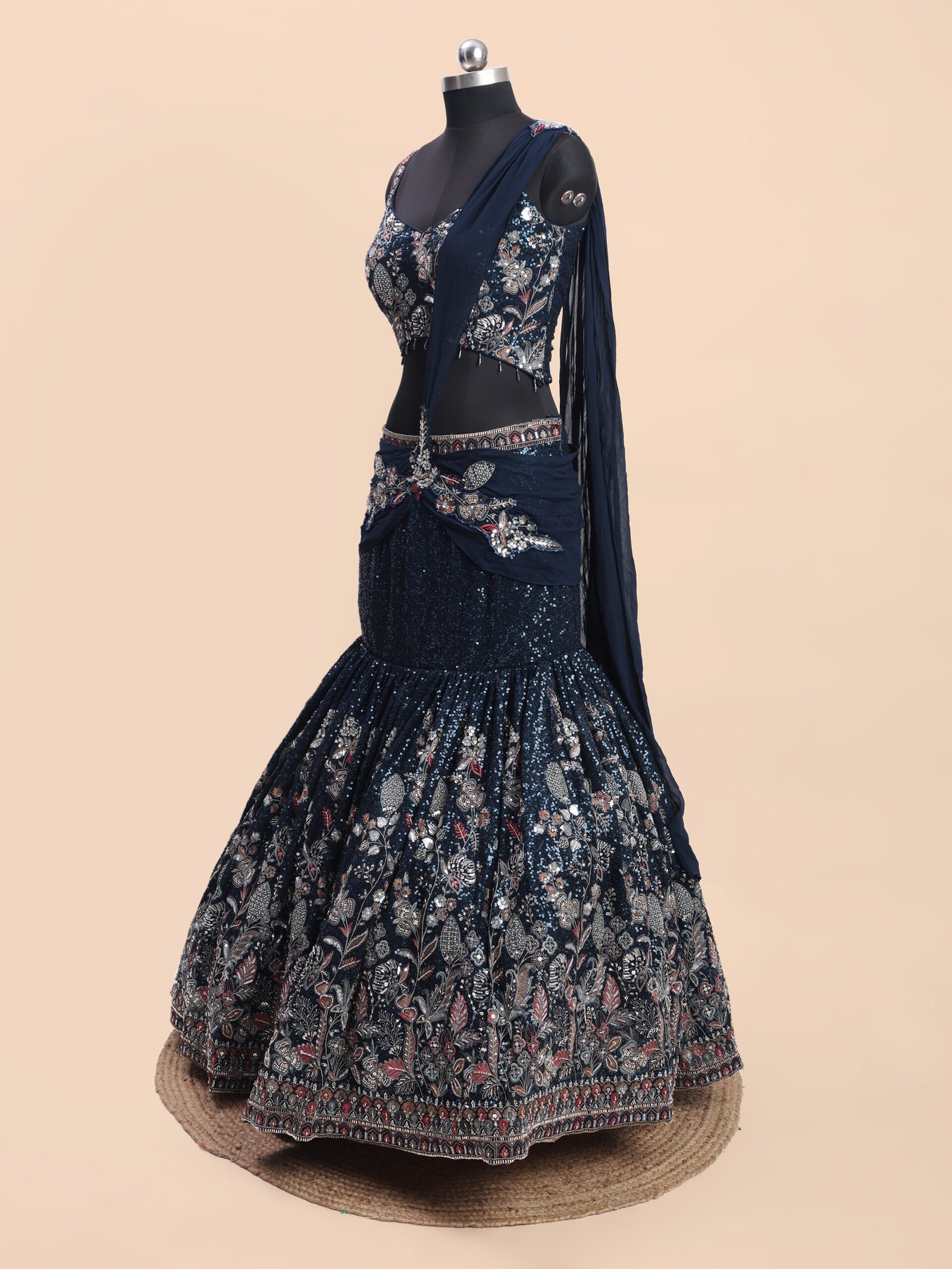 Midnight Enchanté Navy Blue Embroidered Bridal Lehenga - Image 4