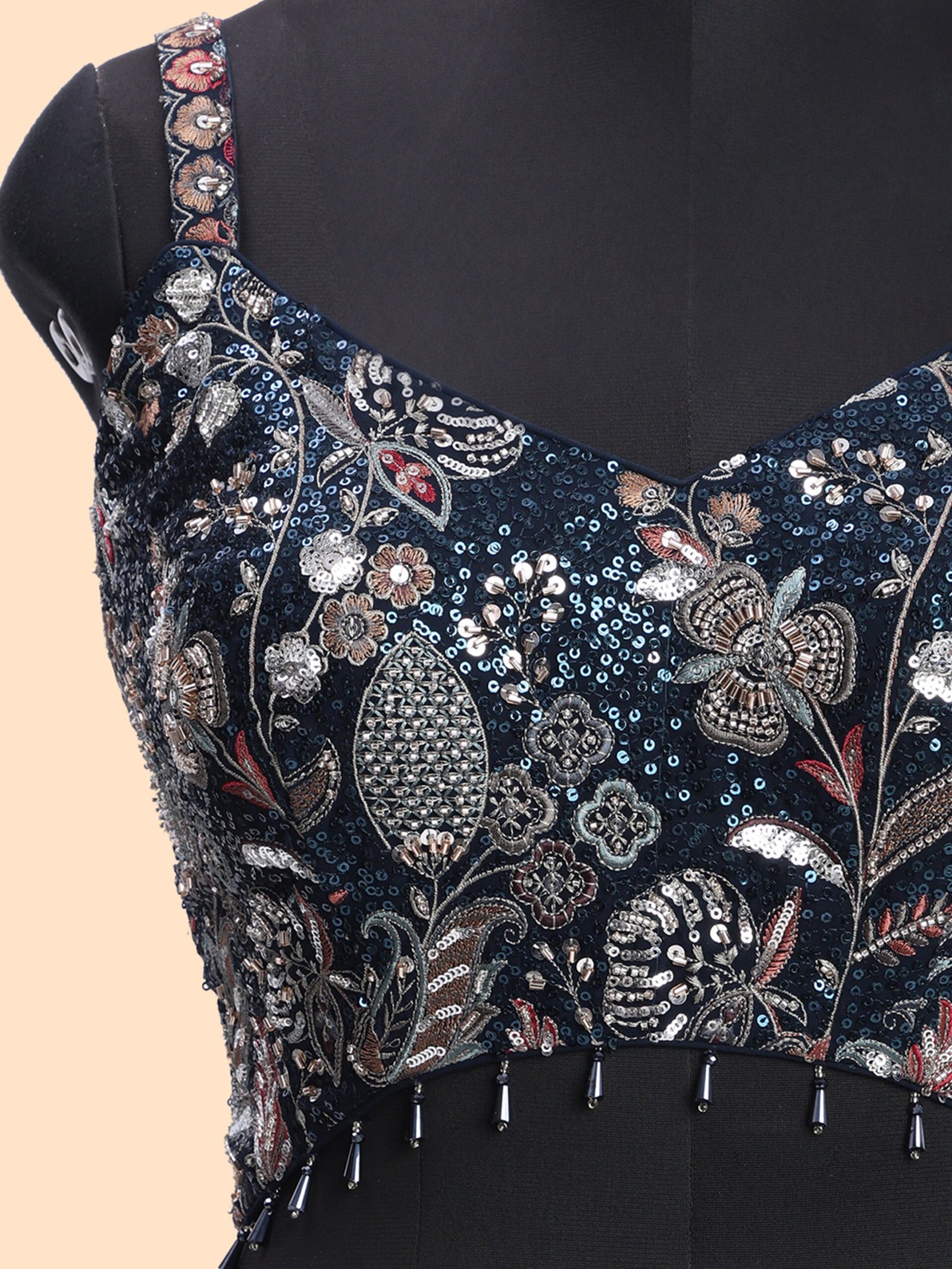 Midnight Enchanté Navy Blue Embroidered Bridal Lehenga - Image 5