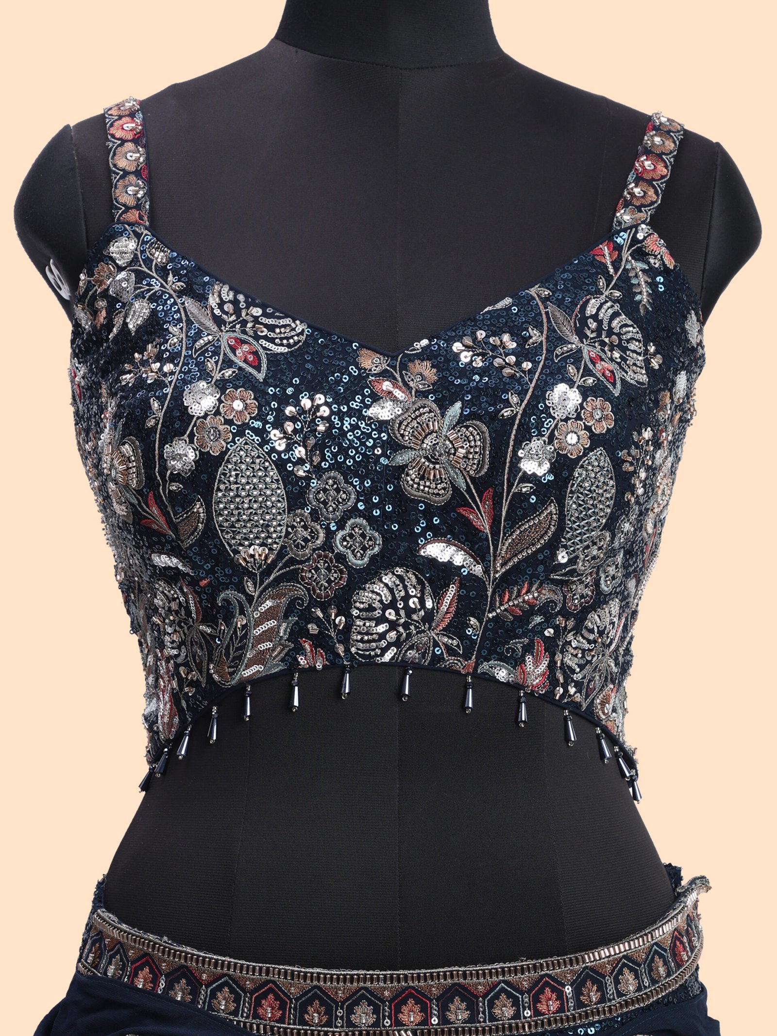 Midnight Enchanté Navy Blue Embroidered Bridal Lehenga - Image 7