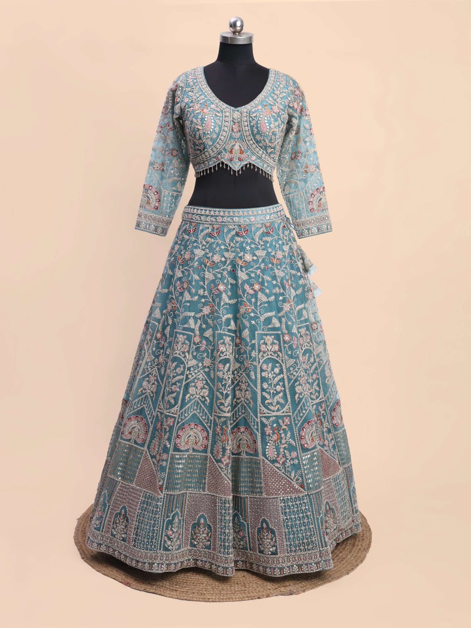 Handcrafted Teal blue bridal lehenga - Image 6