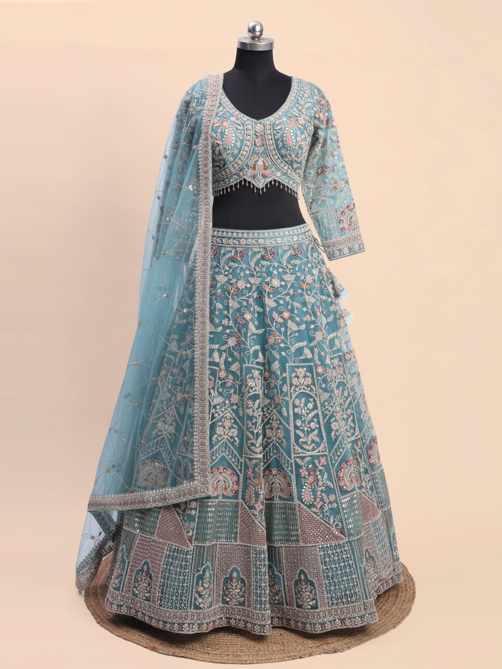 Handcrafted Teal blue bridal lehenga