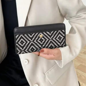 Black and White Genuine Leather Weave Zip Around Purse