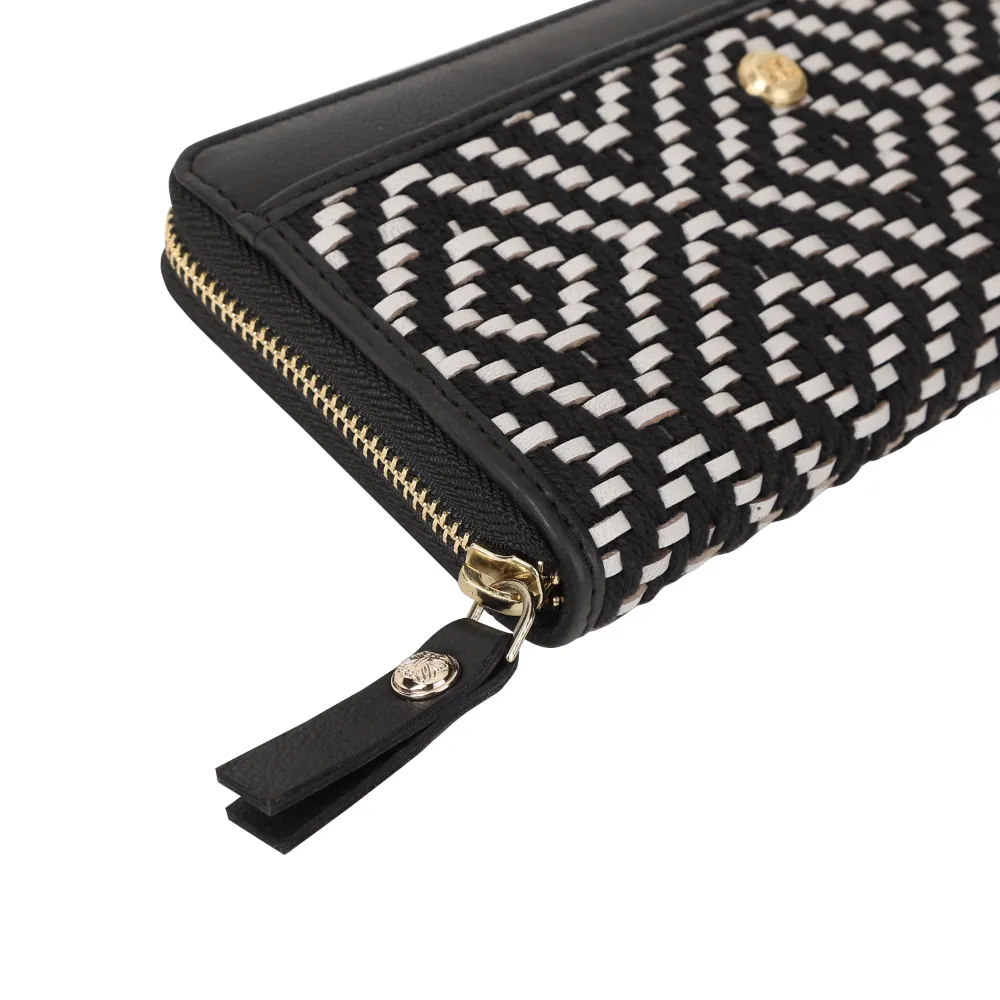 Black and White Genuine Leather Weave Zip Around Purse - Image 4