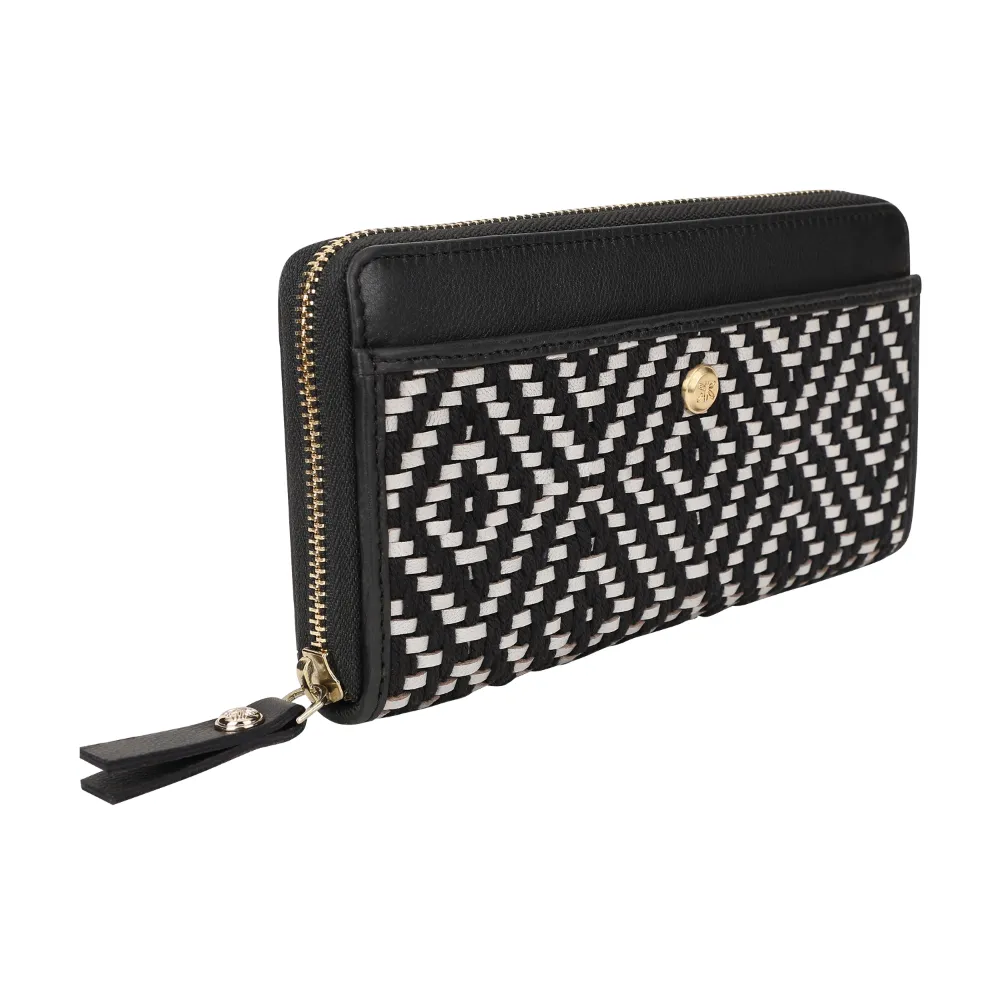 Black and White Genuine Leather Weave Zip Around Purse - Image 6