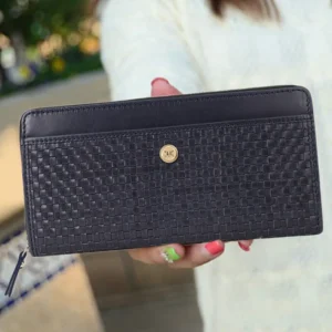 Navy Weave Leather Zip Around Purse